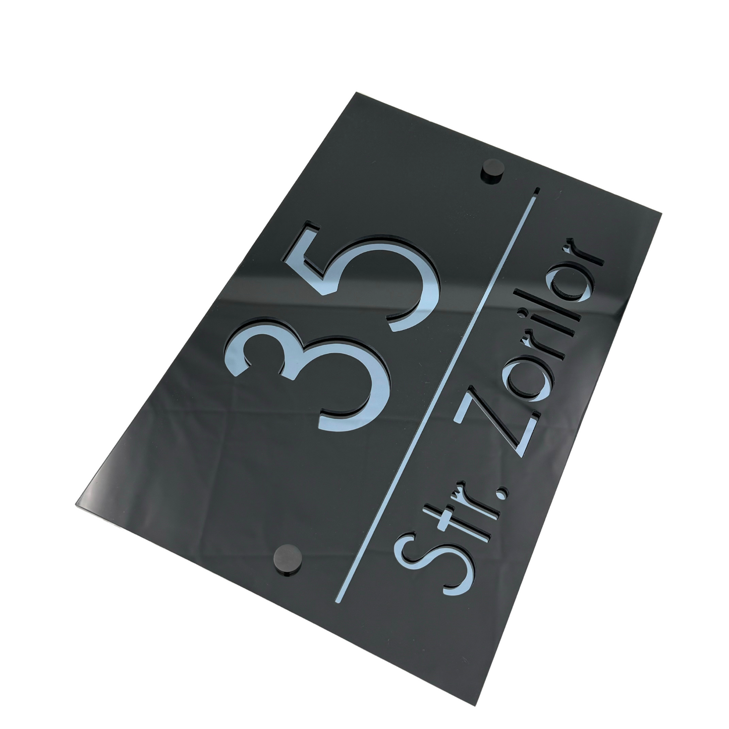 PREMIUM HOUSE NUMBER - Glossy Black Anthracite Grey Mirror 4 Spacers NeGreyi - 30×20 cm