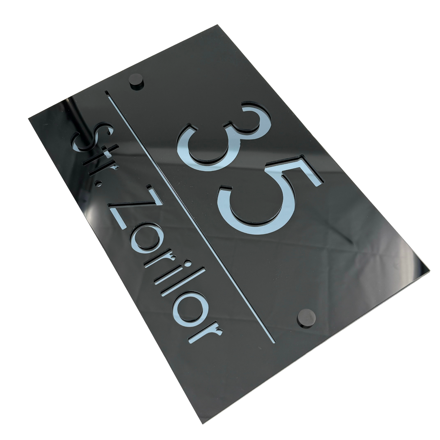 PREMIUM HOUSE NUMBER - Glossy Black Anthracite Grey Mirror 4 Spacers NeGreyi - 30×20 cm