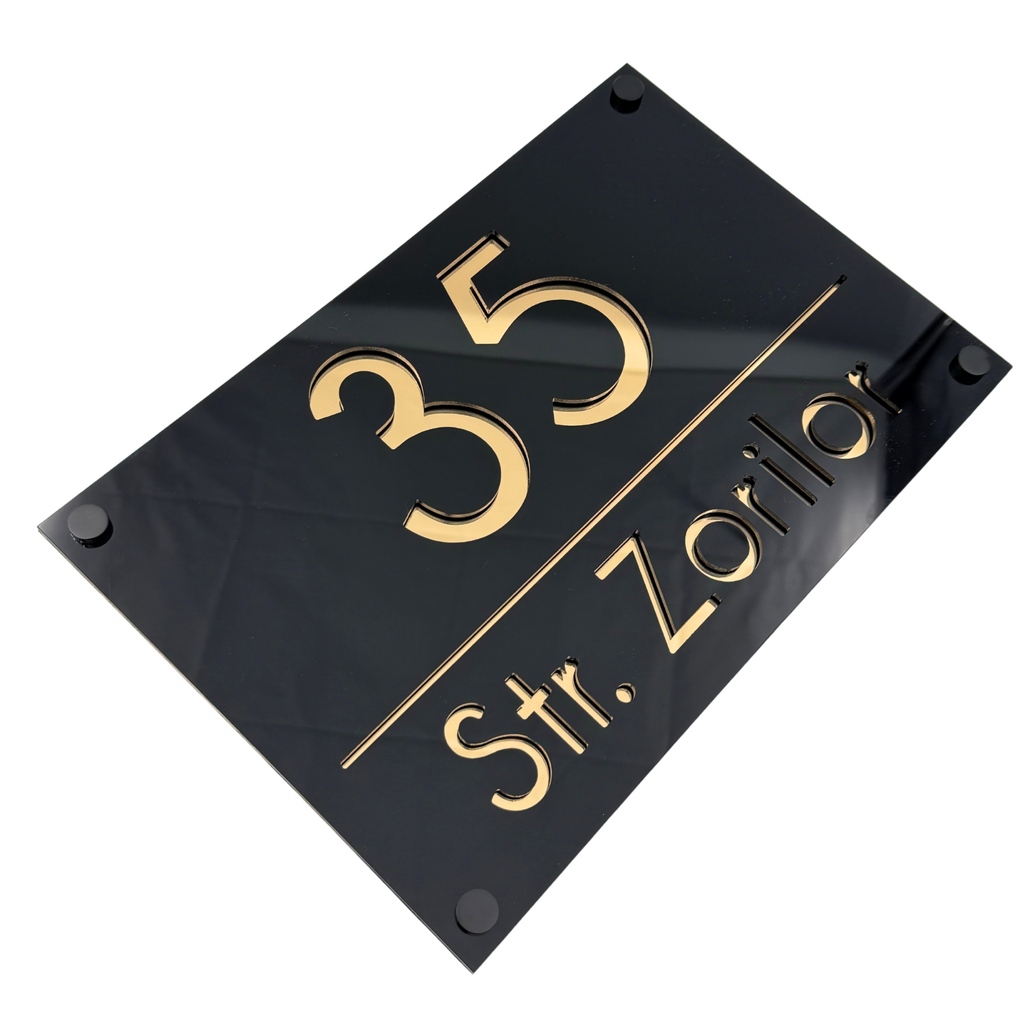 PREMIUM HOUSE NUMBER - Glossy Black Gold Mirror 4 Spacers NeGreyi - 30×20 cm