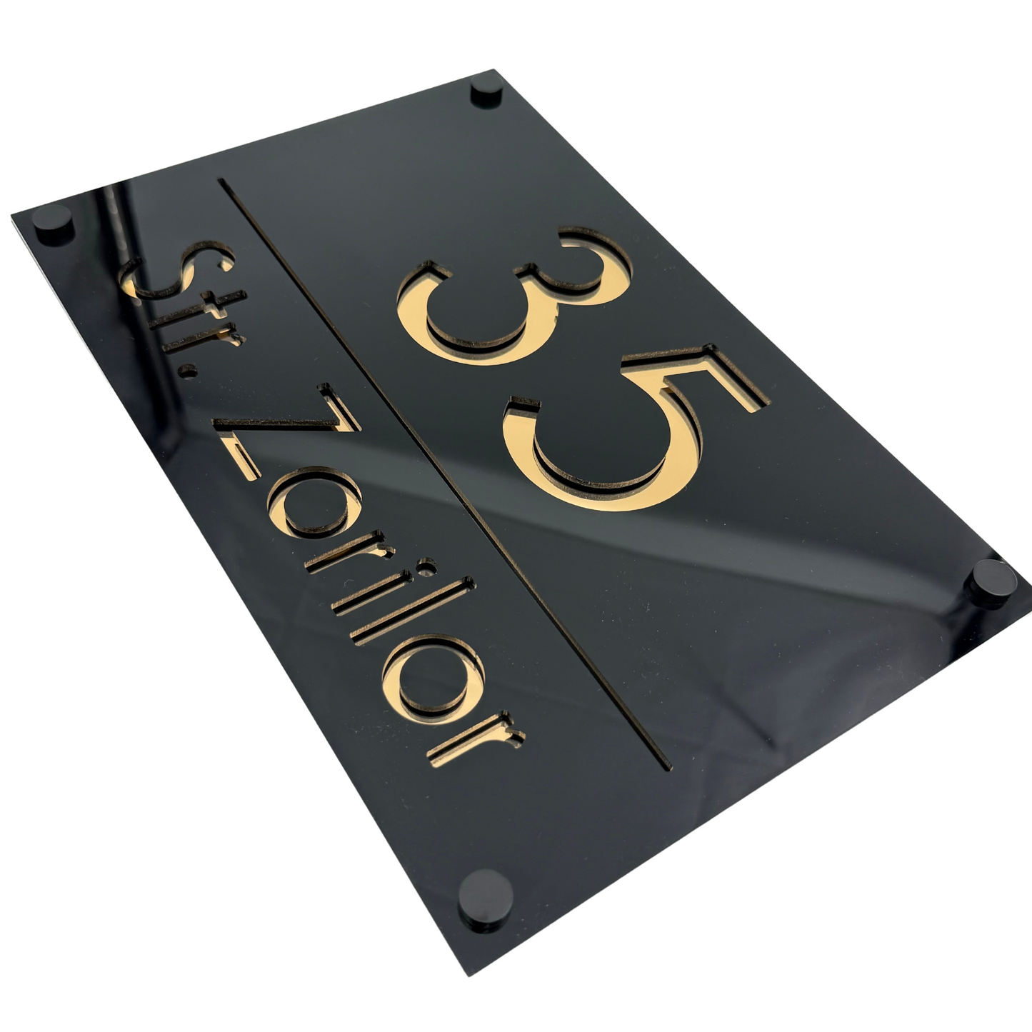 PREMIUM HOUSE NUMBER - Glossy Black Gold Mirror 4 Spacers NeGreyi - 30×20 cm