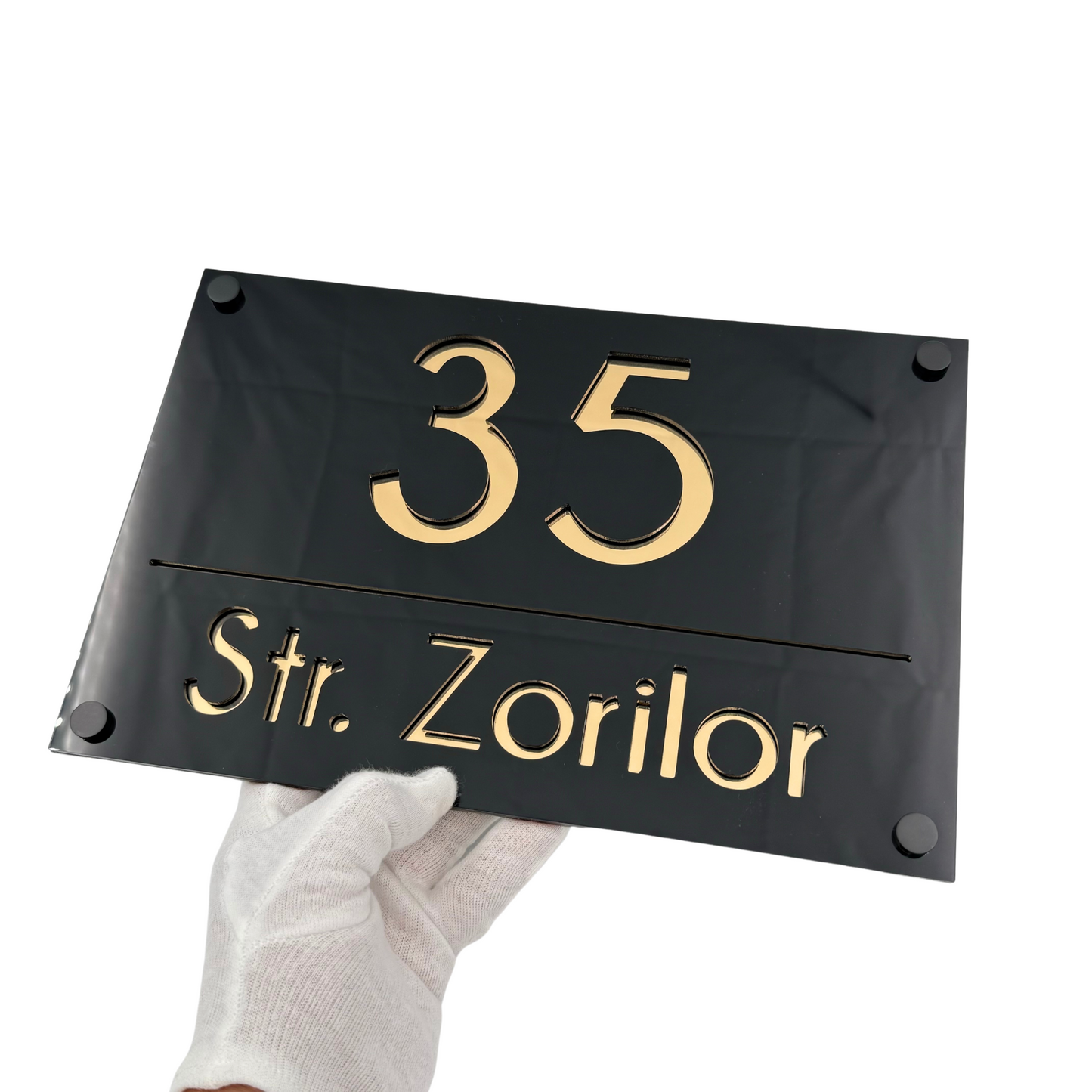 PREMIUM HOUSE NUMBER - Glossy Black Gold Mirror 4 Spacers NeGreyi - 30×20 cm