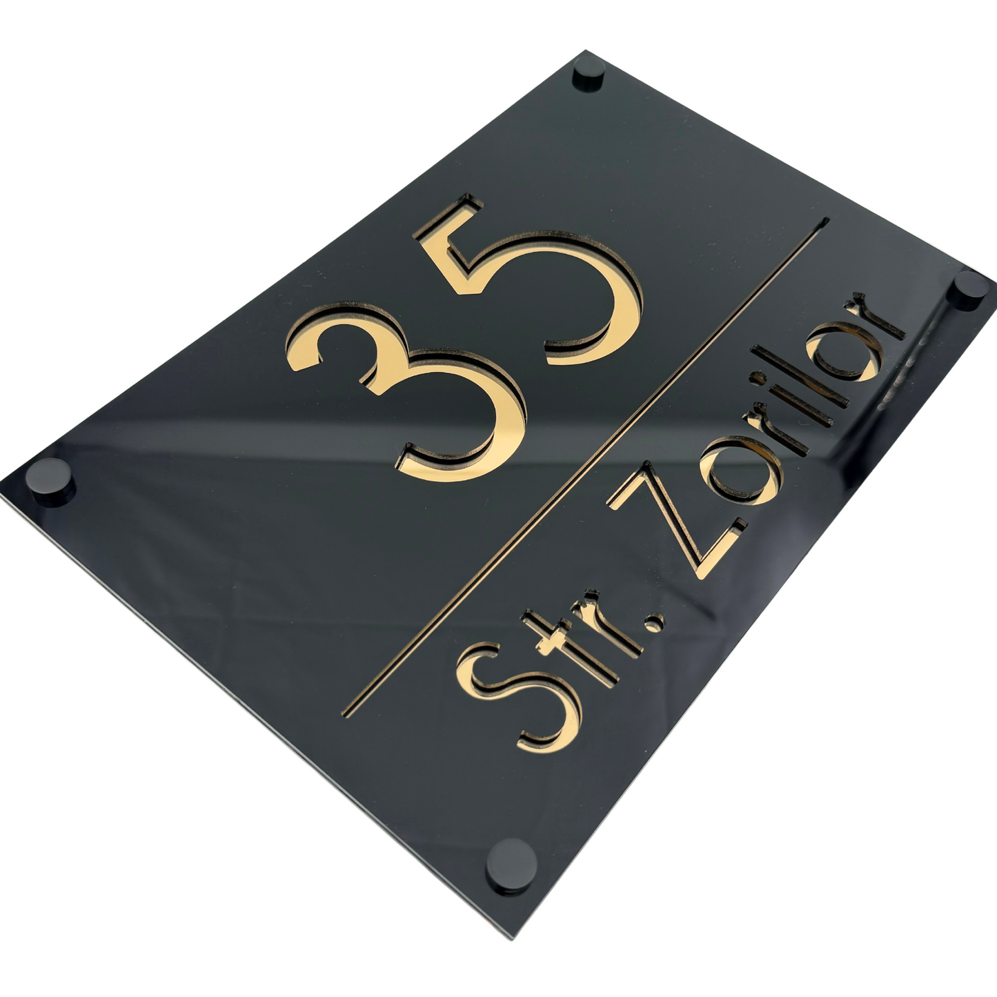 PREMIUM HOUSE NUMBER - Glossy Black Gold Mirror 4 Spacers NeGreyi - 30×20 cm