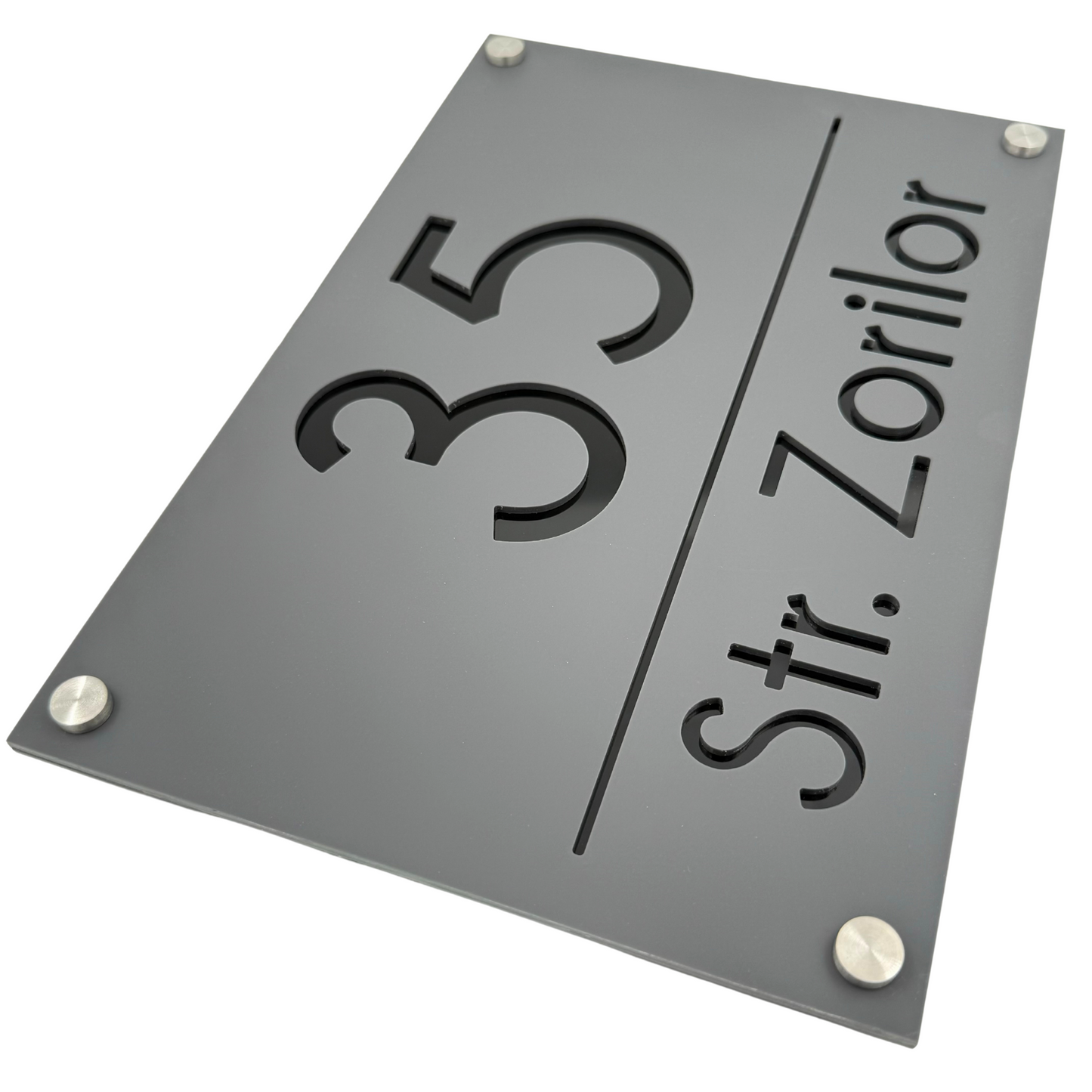 PREMIUM HOUSE NUMBER - Satin Grey Glossy Black 4 Spacers Silver - 30×20 cm