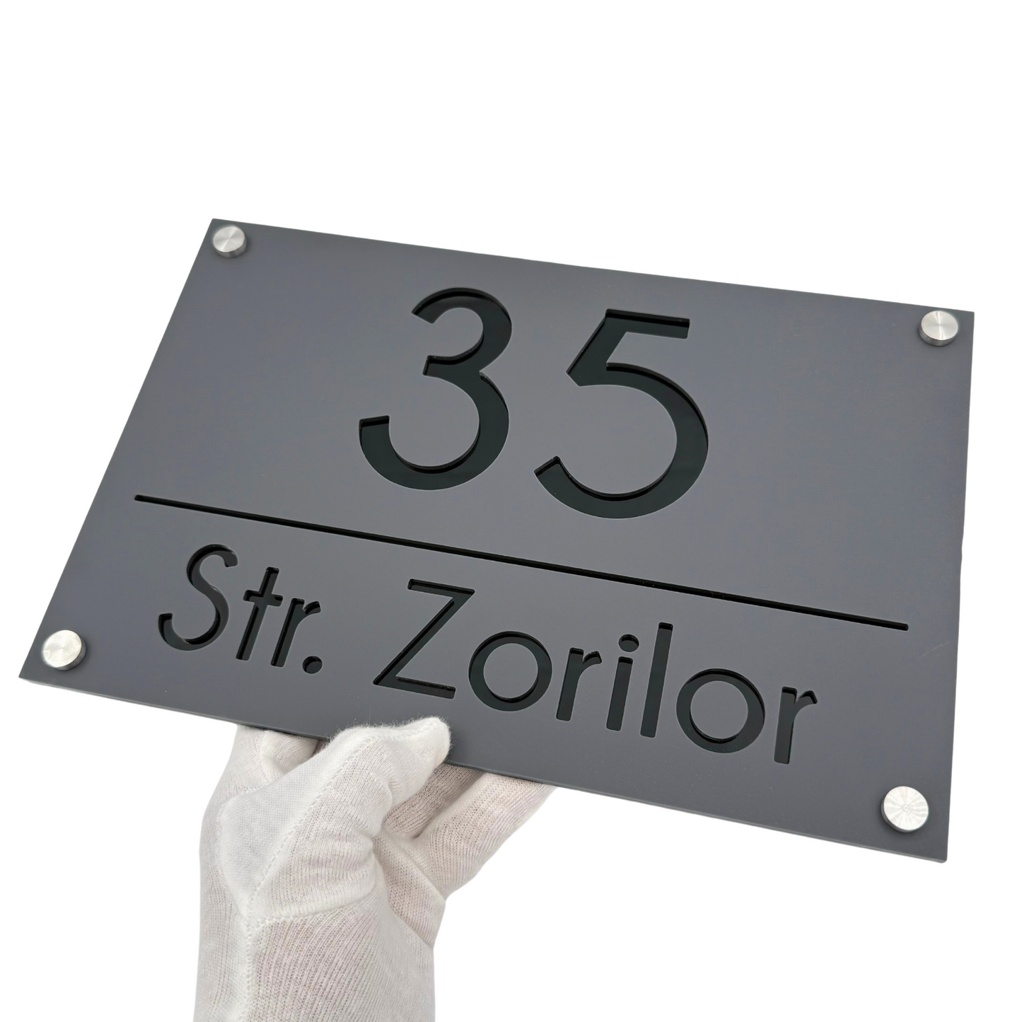 PREMIUM HOUSE NUMBER - Satin Grey Glossy Black 4 Spacers Silver - 30×20 cm