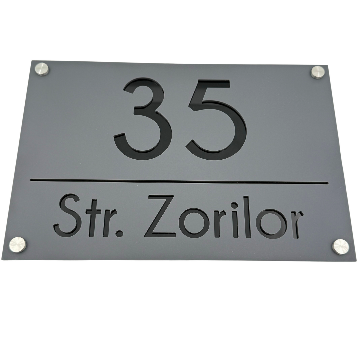 PREMIUM HOUSE NUMBER - Satin Grey Glossy Black 4 Spacers Silver - 30×20 cm