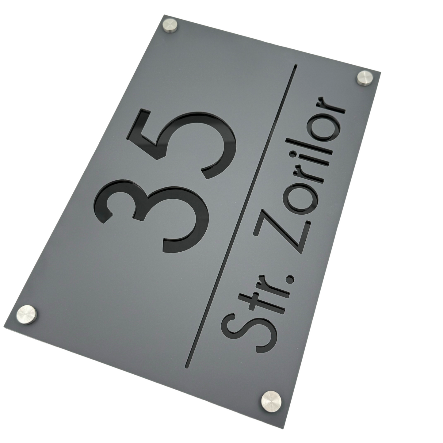 PREMIUM HOUSE NUMBER - Satin Grey Glossy Black 4 Spacers Silver - 30×20 cm