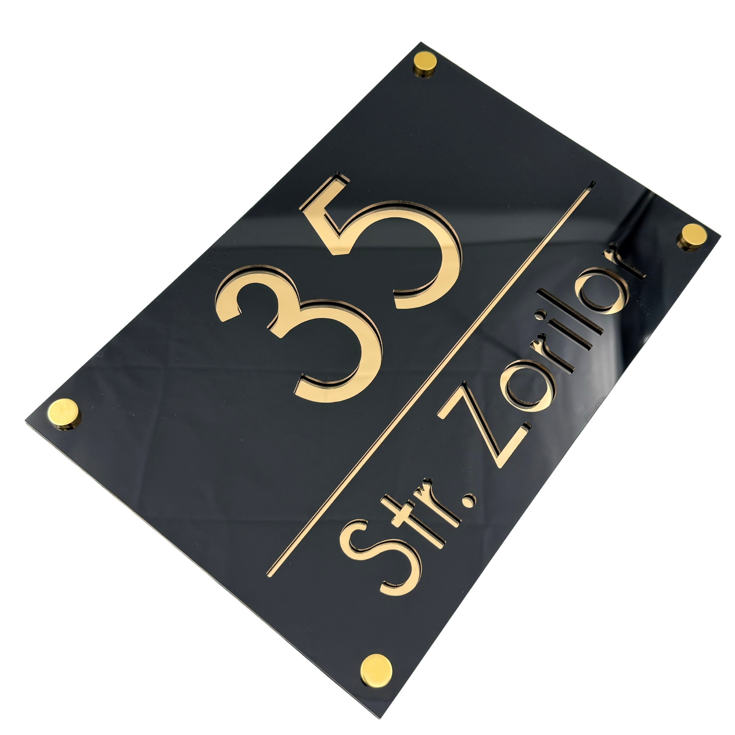 PREMIUM HOUSE NUMBER - Glossy Black Gold Mirror 4 Spacers Gold - 30×20 cm