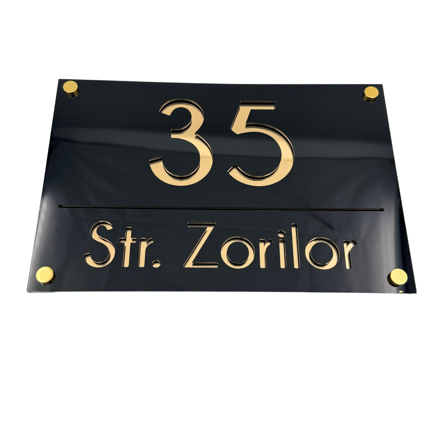 PREMIUM HOUSE NUMBER - Glossy Black Gold Mirror 4 Spacers Gold - 30×20 cm