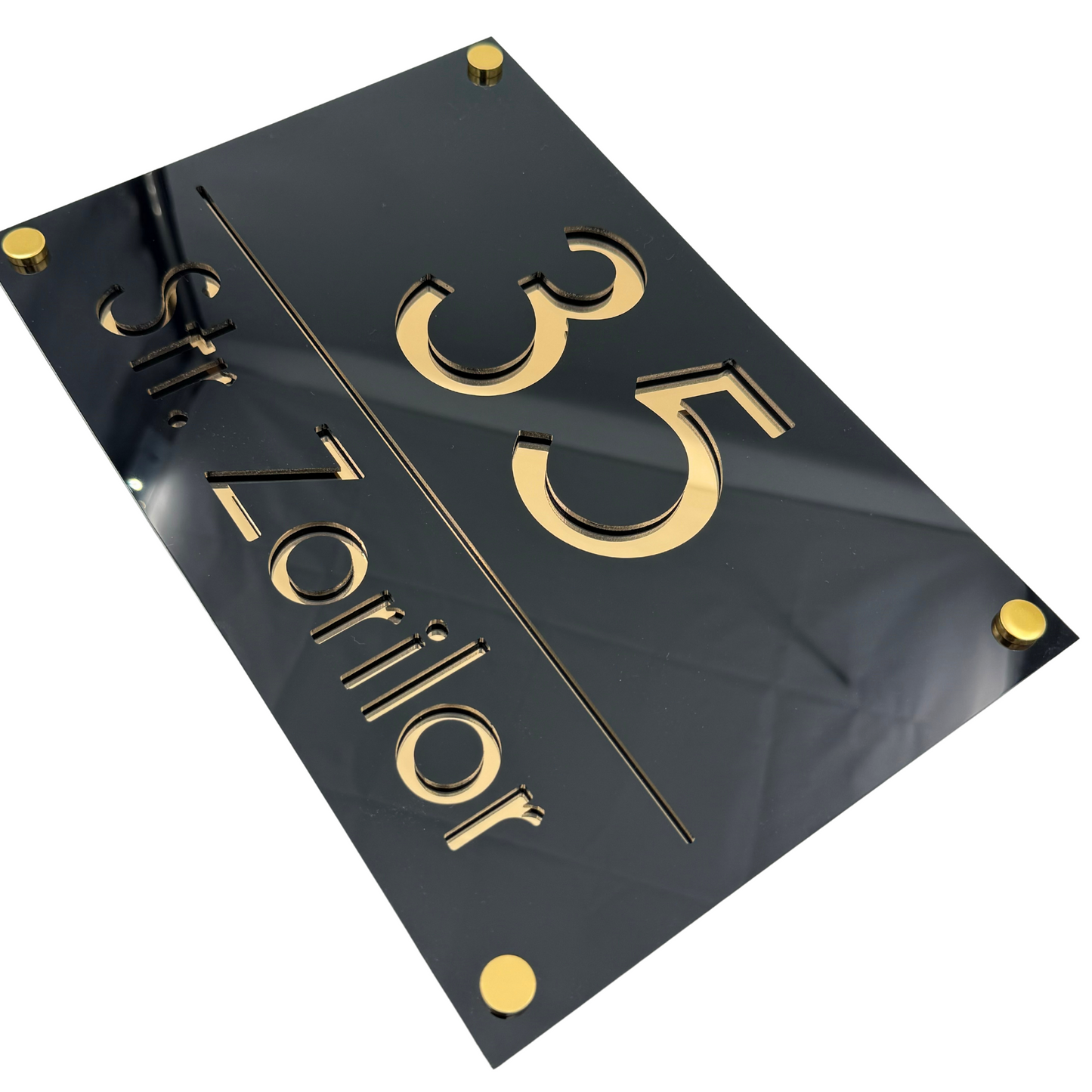 PREMIUM HOUSE NUMBER - Glossy Black Gold Mirror 4 Spacers Gold - 30×20 cm