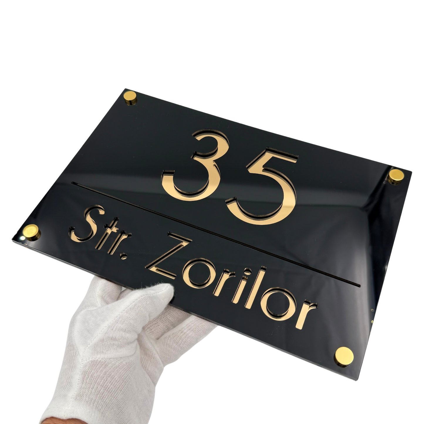 PREMIUM HOUSE NUMBER - Glossy Black Gold Mirror 4 Spacers Gold - 30×20 cm
