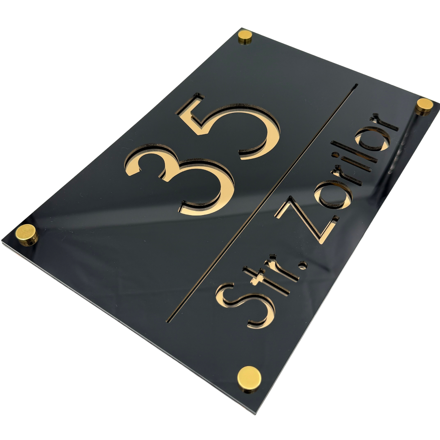 PREMIUM HOUSE NUMBER - Glossy Black Gold Mirror 4 Spacers Gold - 30×20 cm