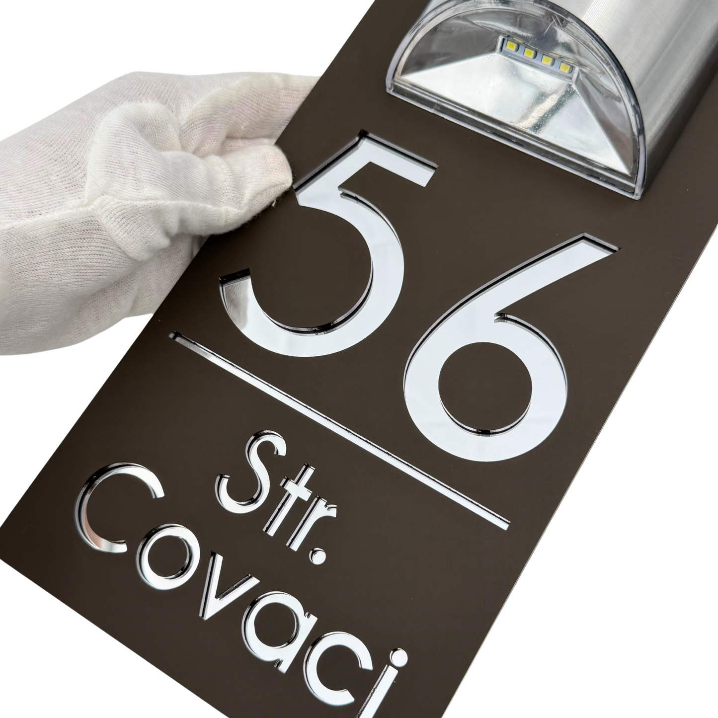 PREMIUM HOUSE NUMBER – Satin Brown Silver Mirror Solar Lamp – 30 x15 cm