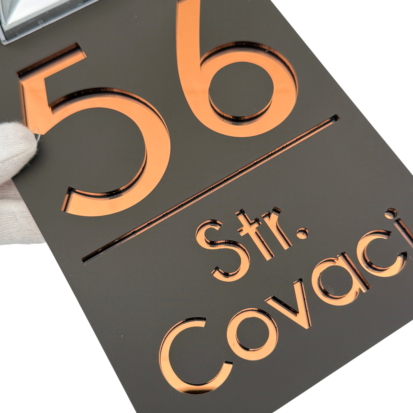 PREMIUM HOUSE NUMBER – Satin Brown Copper Mirror Solar Lamp – 30 x15 cm