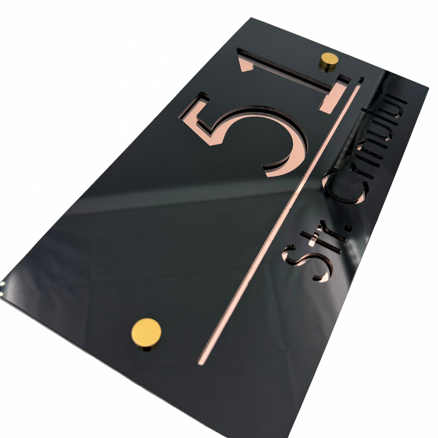 PREMIUM HOUSE NUMBER - Glossy Black Rose Gold Mirror 2 Spacers Gold - 28×15 cm