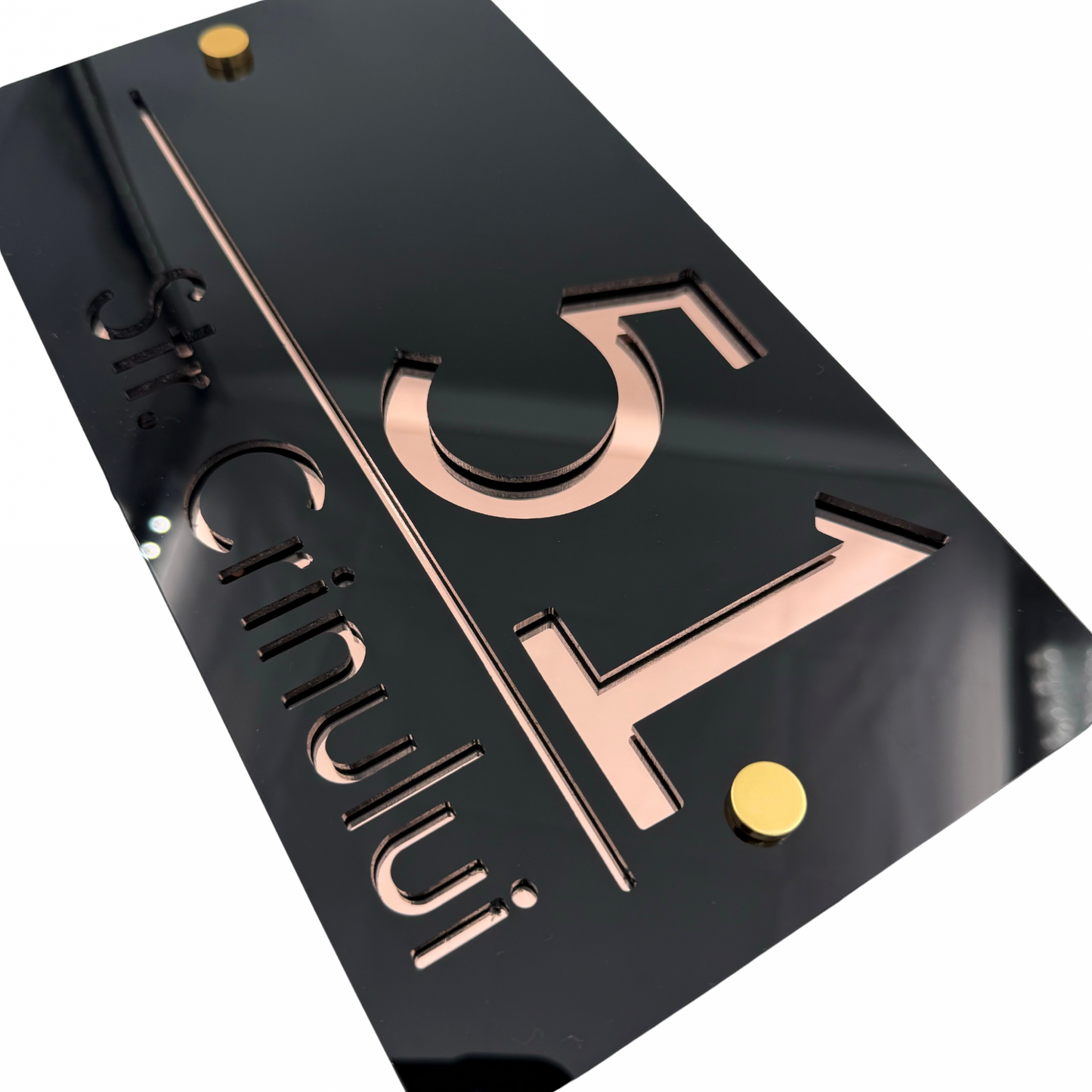 PREMIUM HOUSE NUMBER - Glossy Black Rose Gold Mirror 2 Spacers Gold - 28×15 cm