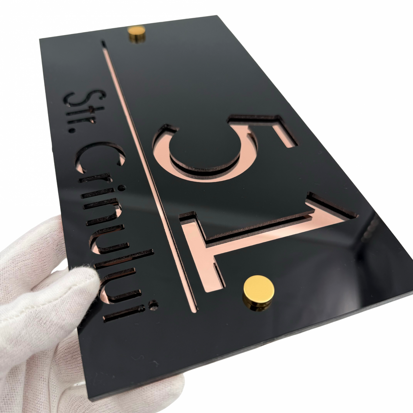 PREMIUM HOUSE NUMBER - Glossy Black Rose Gold Mirror 2 Spacers Gold - 28×15 cm