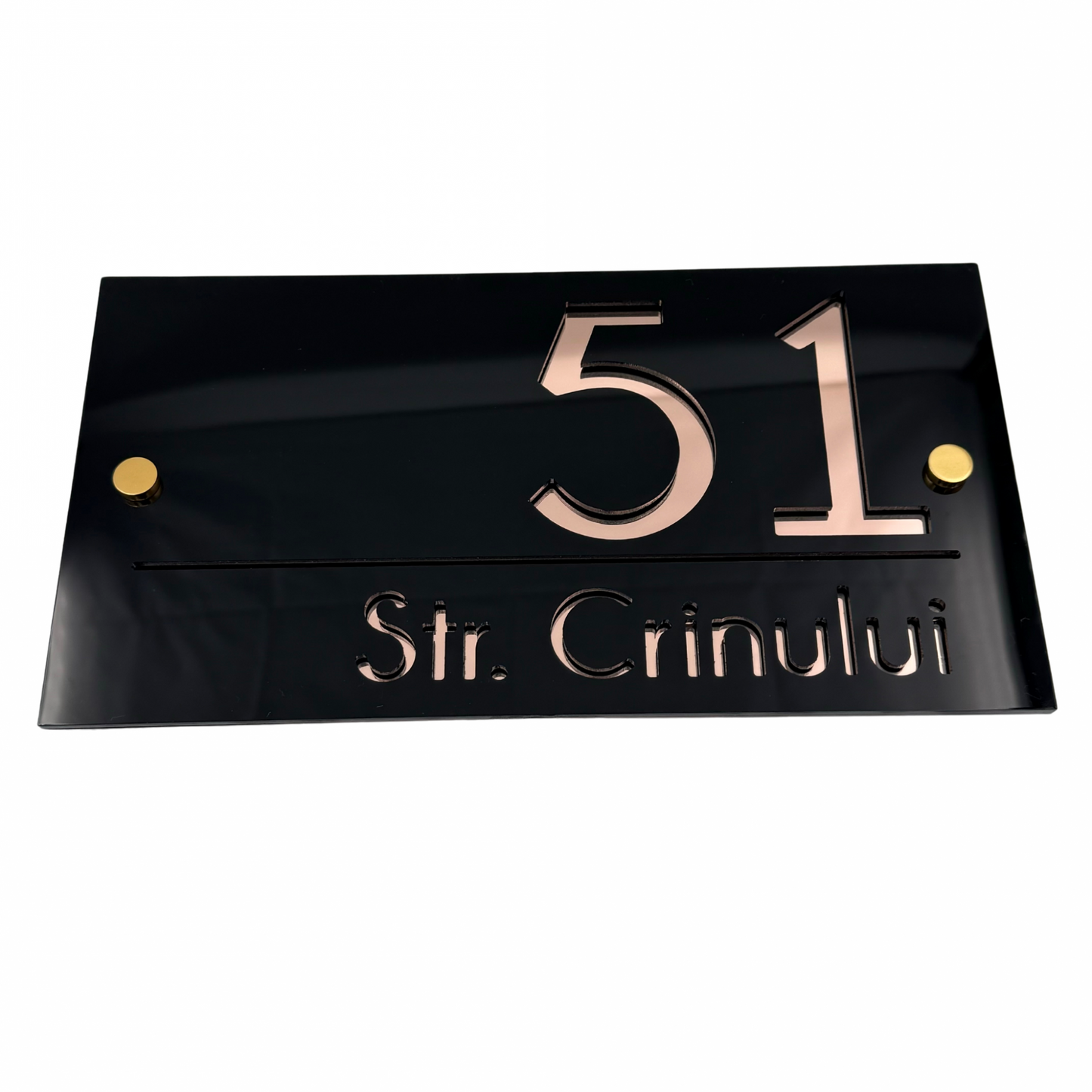PREMIUM HOUSE NUMBER - Glossy Black Rose Gold Mirror 2 Spacers Gold - 28×15 cm