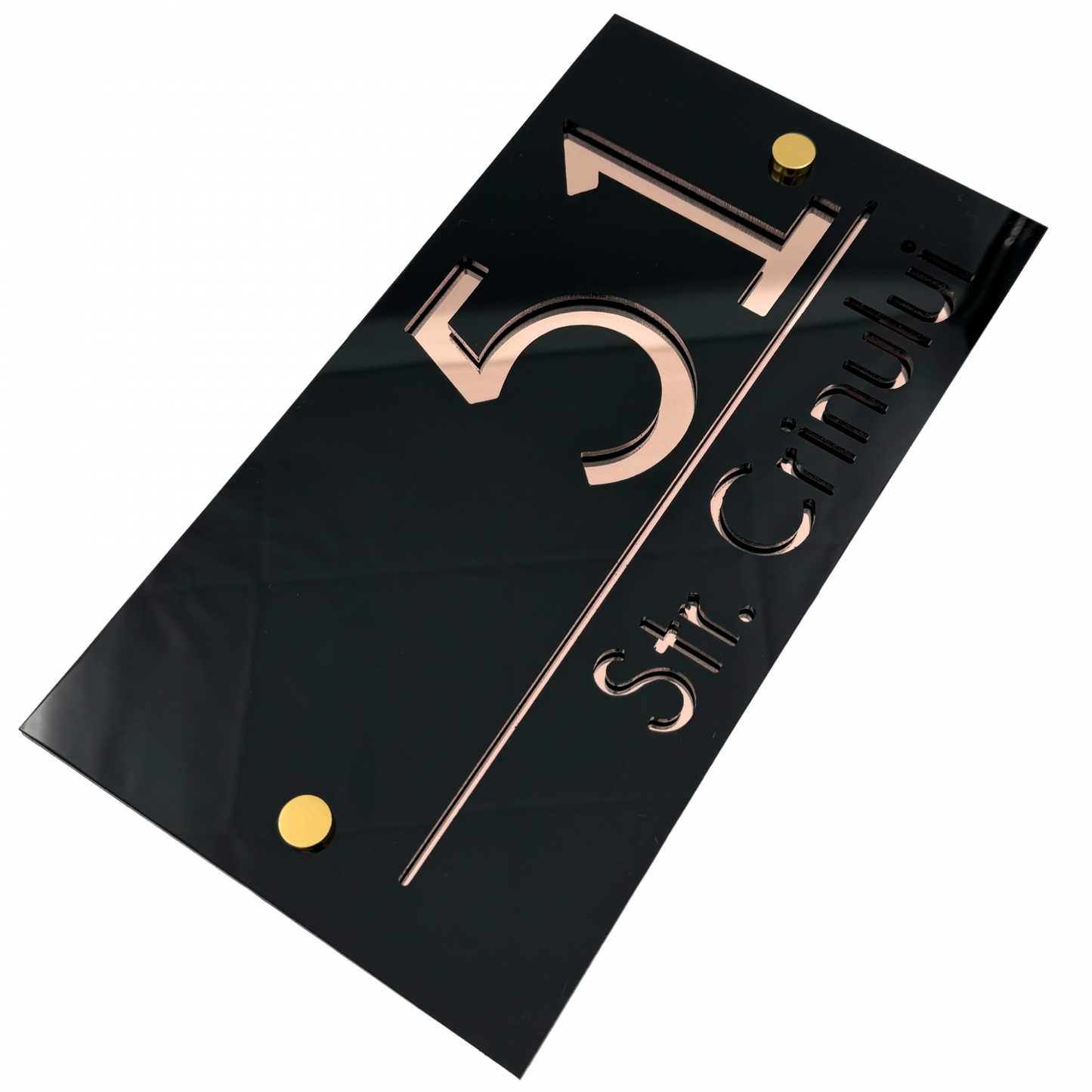 PREMIUM HOUSE NUMBER - Glossy Black Rose Gold Mirror 2 Spacers Gold - 28×15 cm