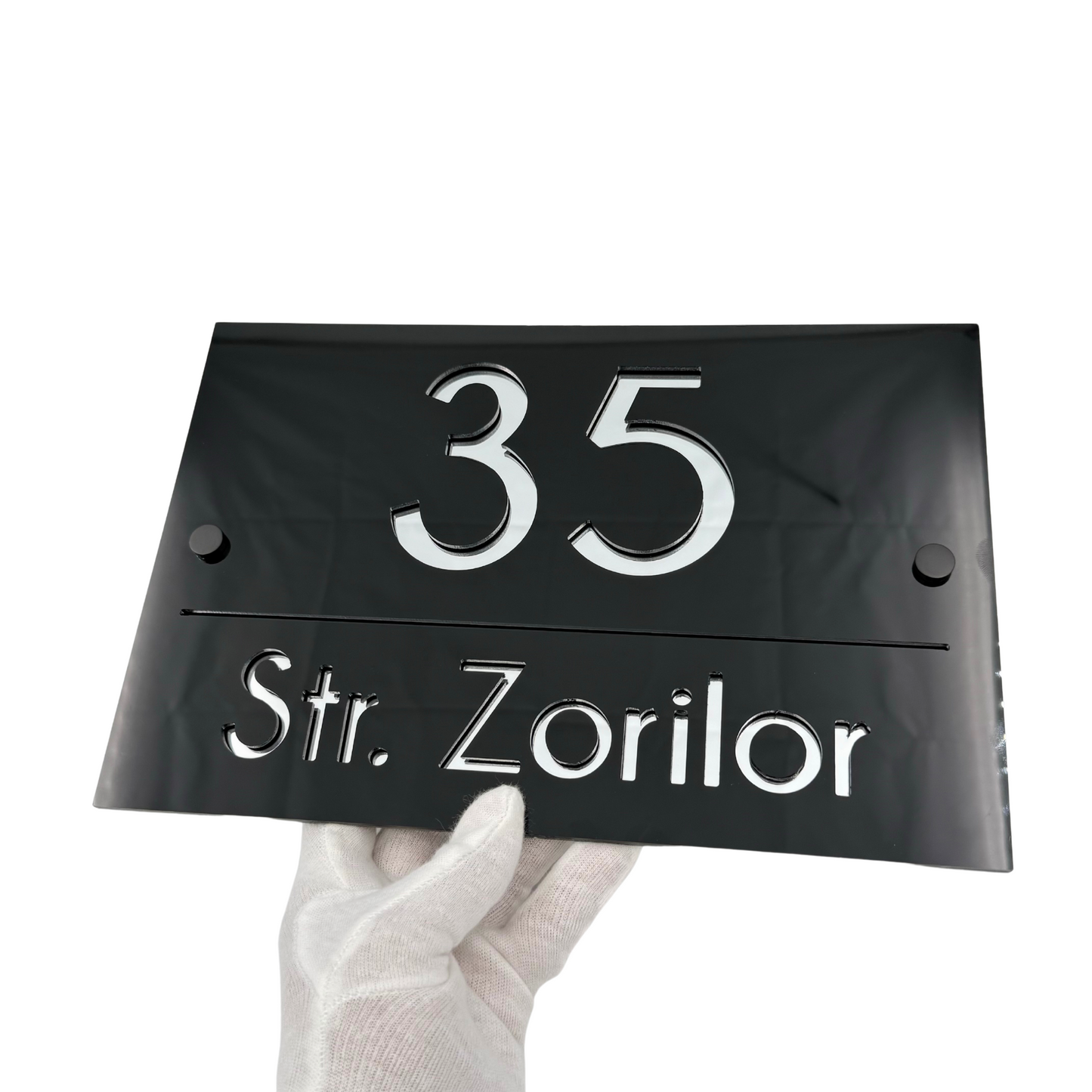 PREMIUM HOUSE NUMBER - Glossy Black Silver Mirror 2 Spacers NeGreyi - 30×20 cm