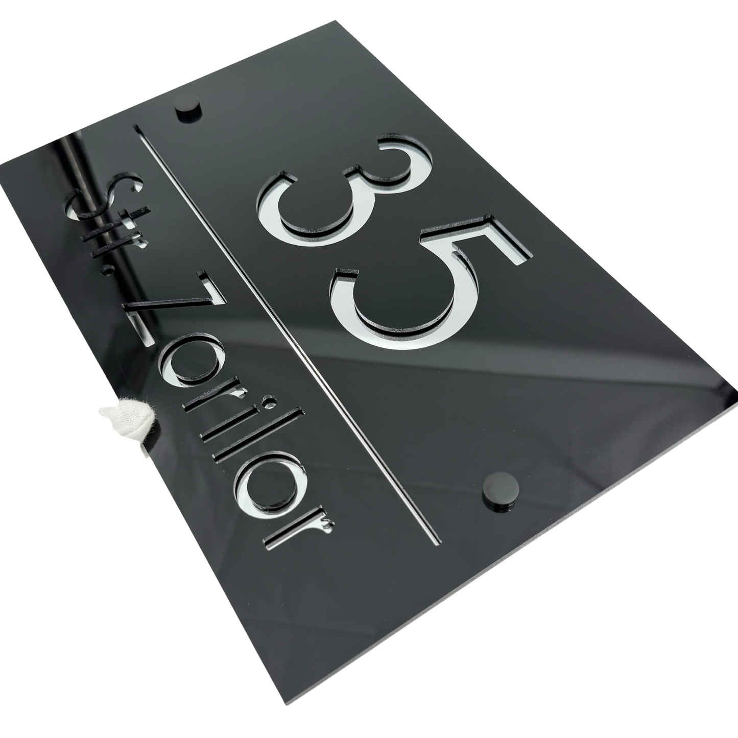 PREMIUM HOUSE NUMBER - Glossy Black Silver Mirror 2 Spacers NeGreyi - 30×20 cm