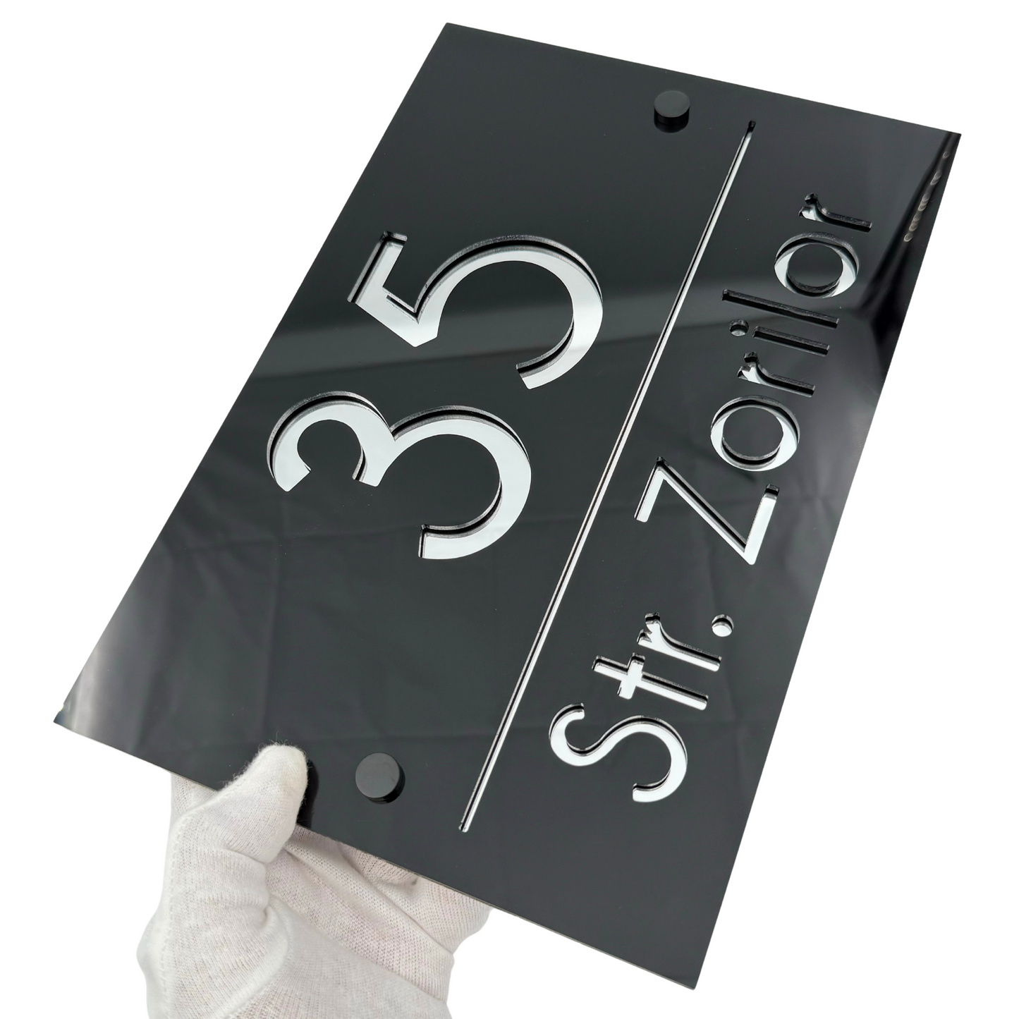 PREMIUM HOUSE NUMBER - Glossy Black Silver Mirror 2 Spacers NeGreyi - 30×20 cm