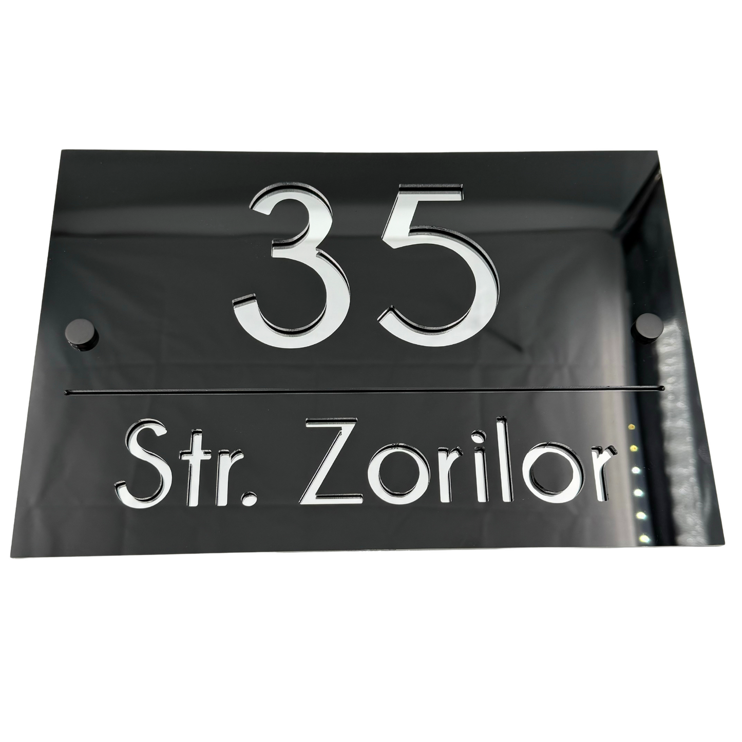 PREMIUM HOUSE NUMBER - Glossy Black Silver Mirror 2 Spacers NeGreyi - 30×20 cm