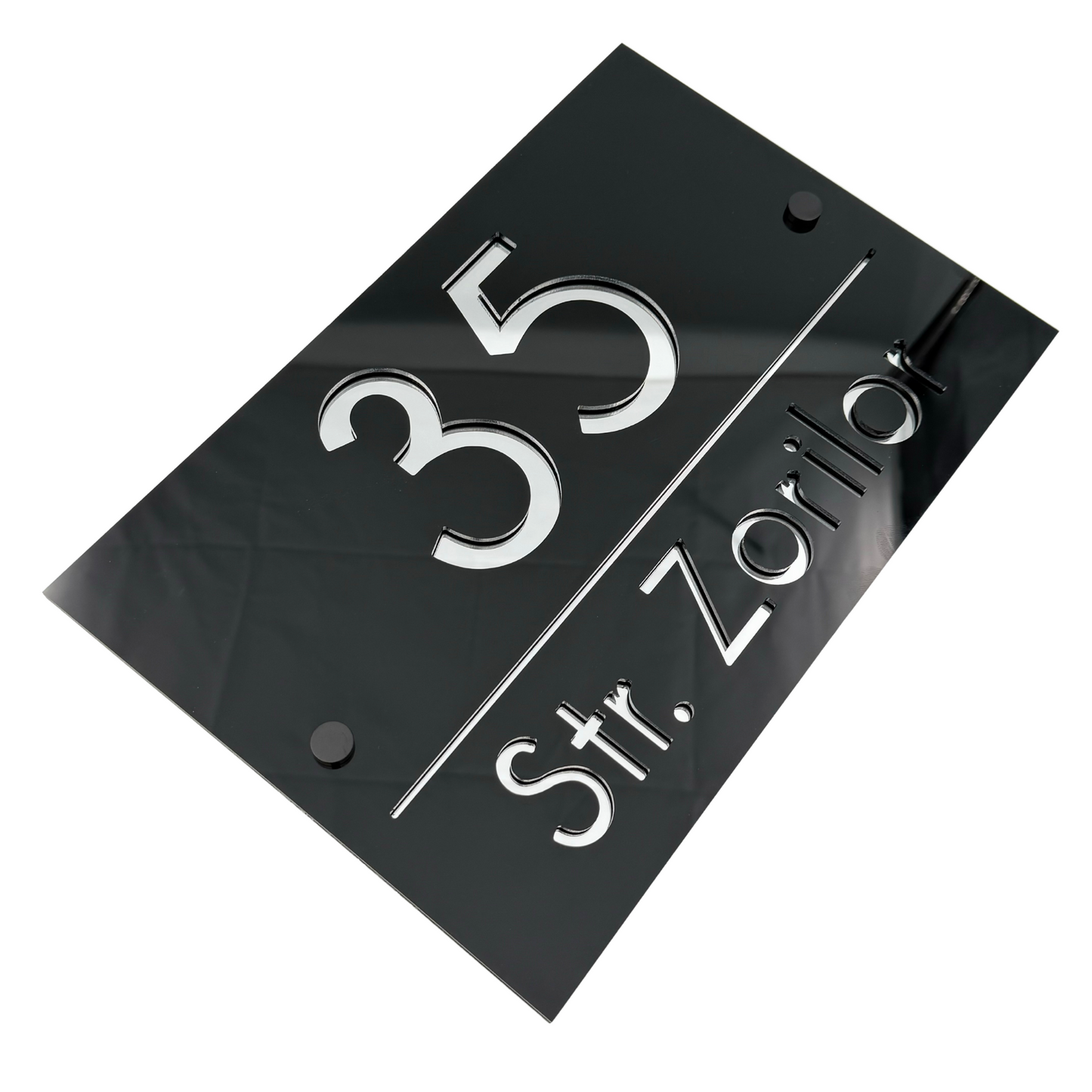 PREMIUM HOUSE NUMBER - Glossy Black Silver Mirror 2 Spacers NeGreyi - 30×20 cm