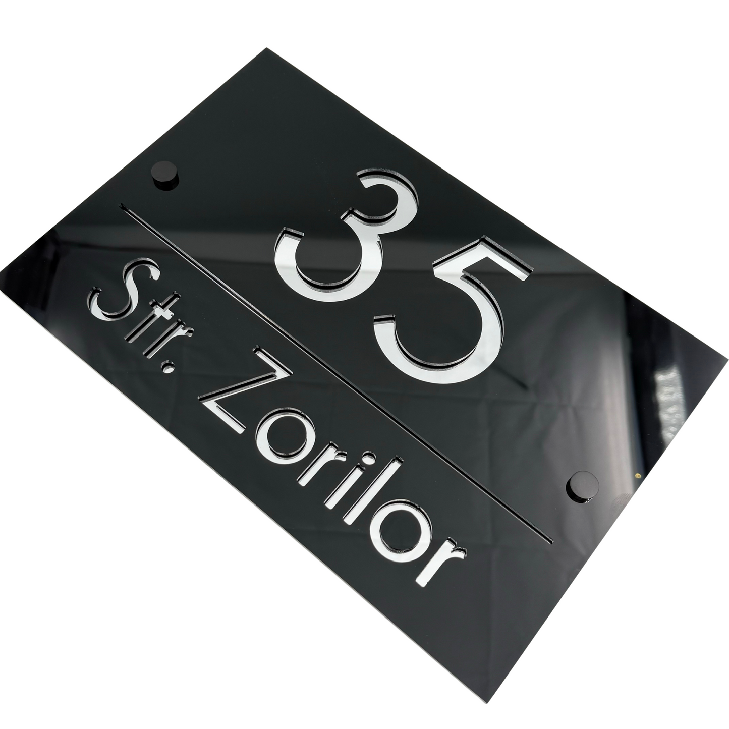 PREMIUM HOUSE NUMBER - Glossy Black Silver Mirror 2 Spacers NeGreyi - 30×20 cm