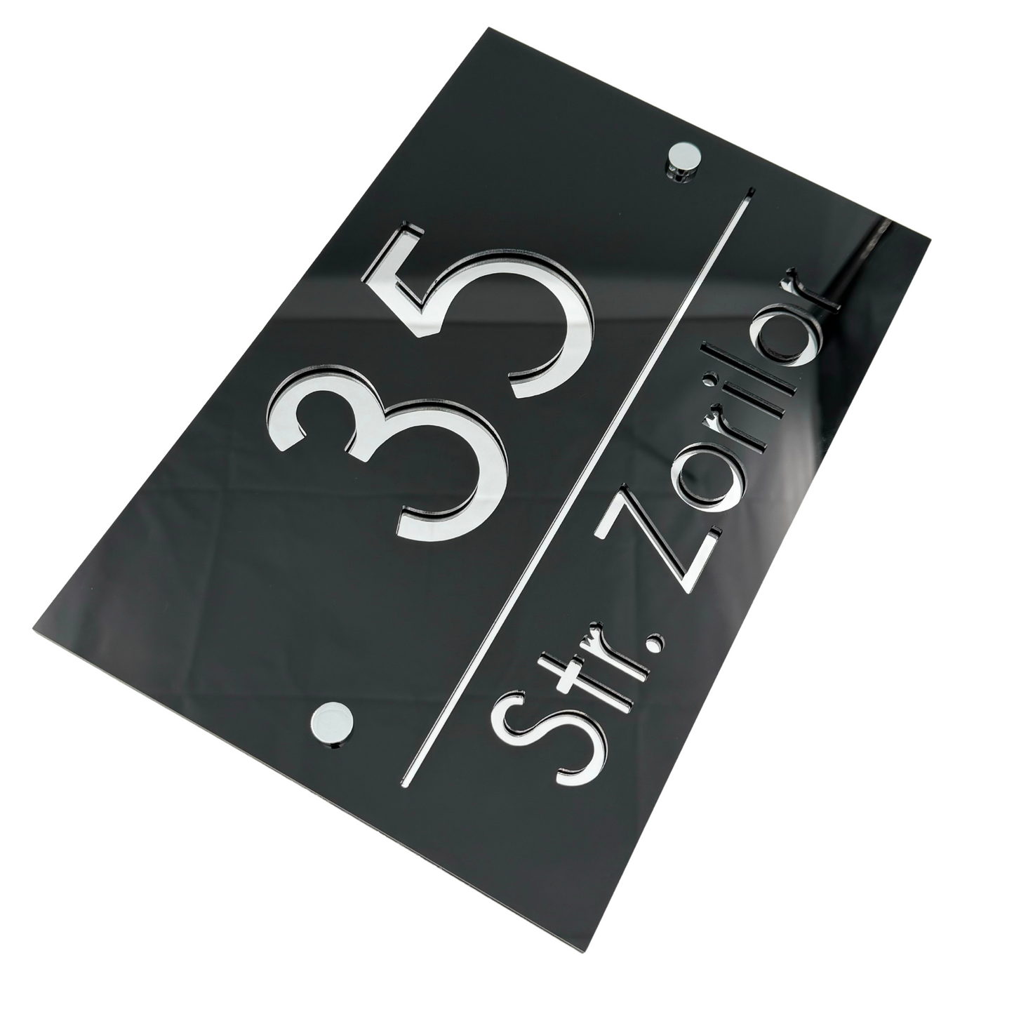 PREMIUM HOUSE NUMBER - Glossy Black Silver Mirror 2 Spacers Silver - 30×20 cm