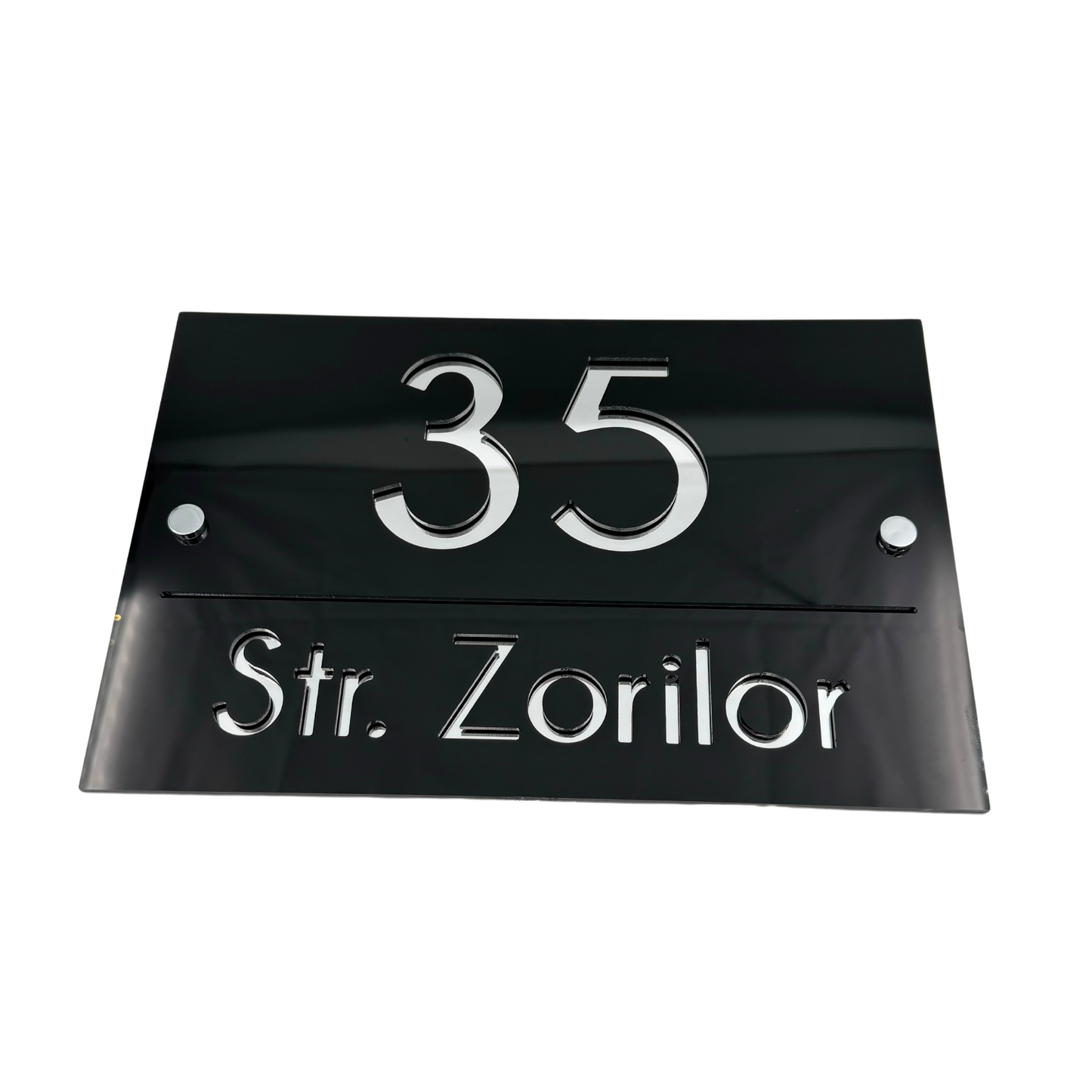 PREMIUM HOUSE NUMBER - Glossy Black Silver Mirror 2 Spacers Silver - 30×20 cm