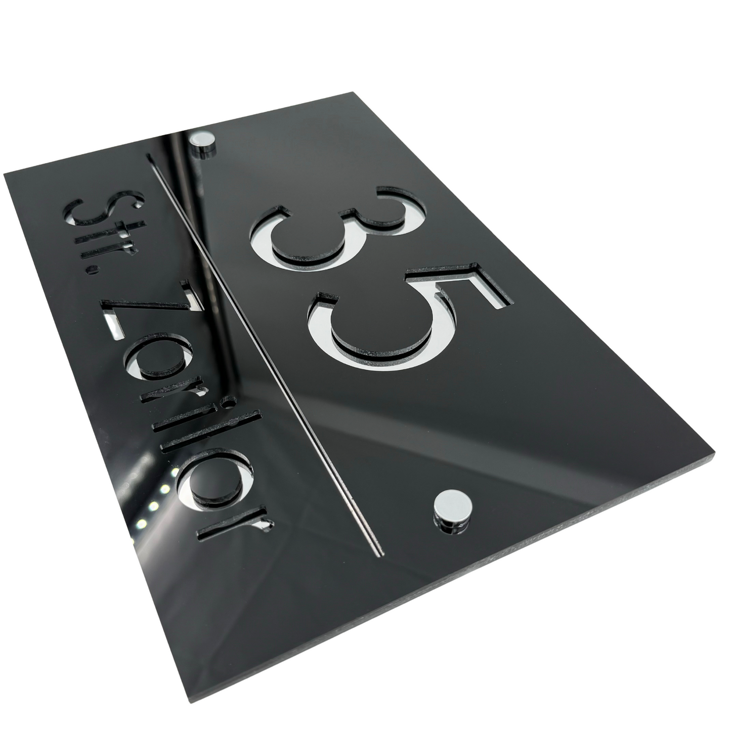PREMIUM HOUSE NUMBER - Glossy Black Silver Mirror 2 Spacers Silver - 30×20 cm