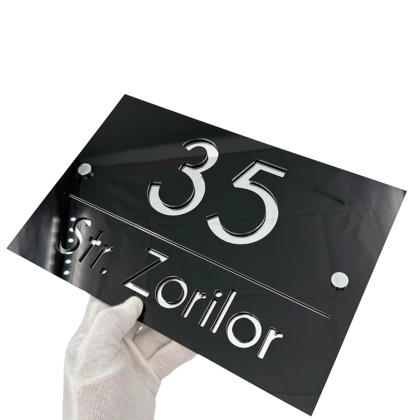 PREMIUM HOUSE NUMBER - Glossy Black Silver Mirror 2 Spacers Silver - 30×20 cm