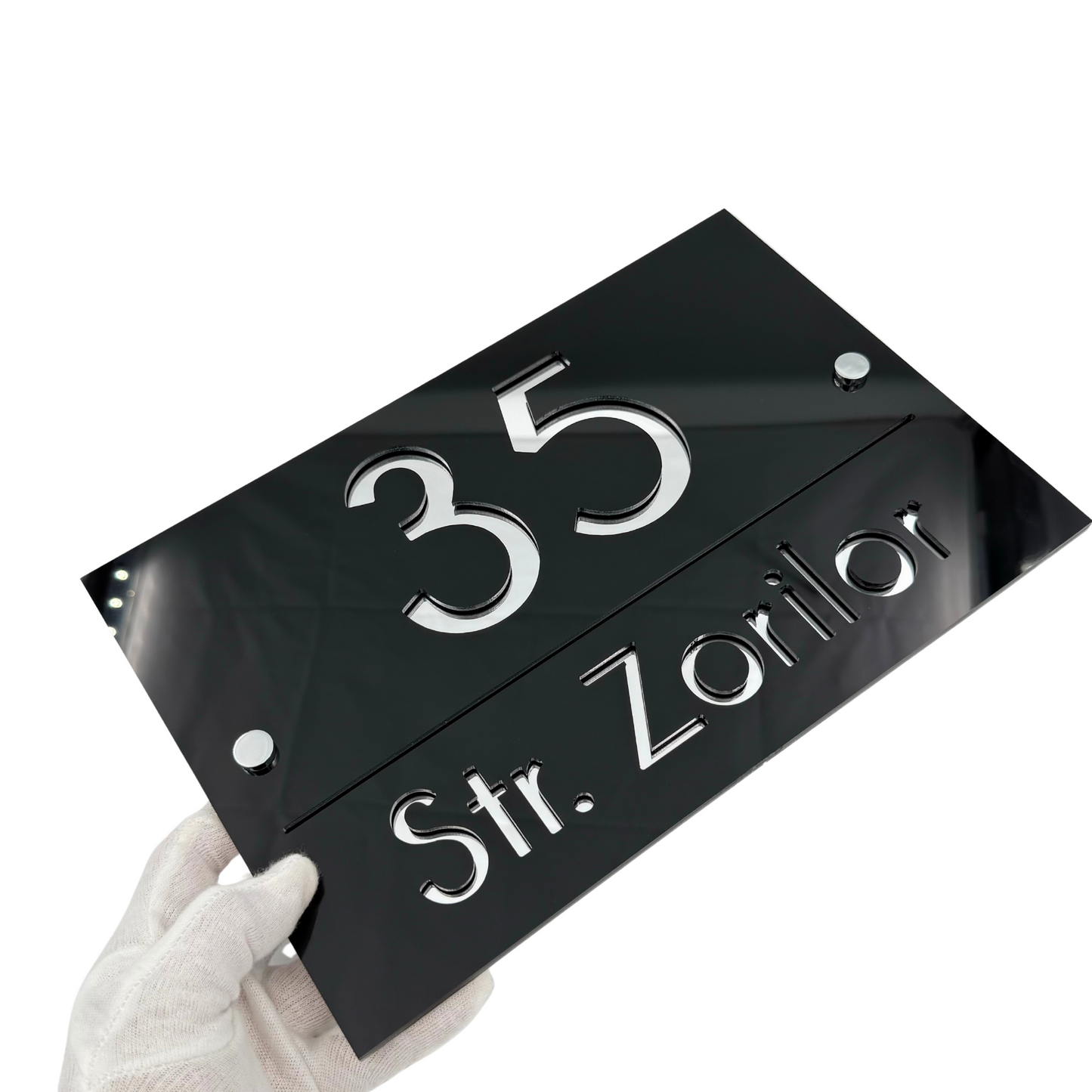 PREMIUM HOUSE NUMBER - Glossy Black Silver Mirror 2 Spacers Silver - 30×20 cm