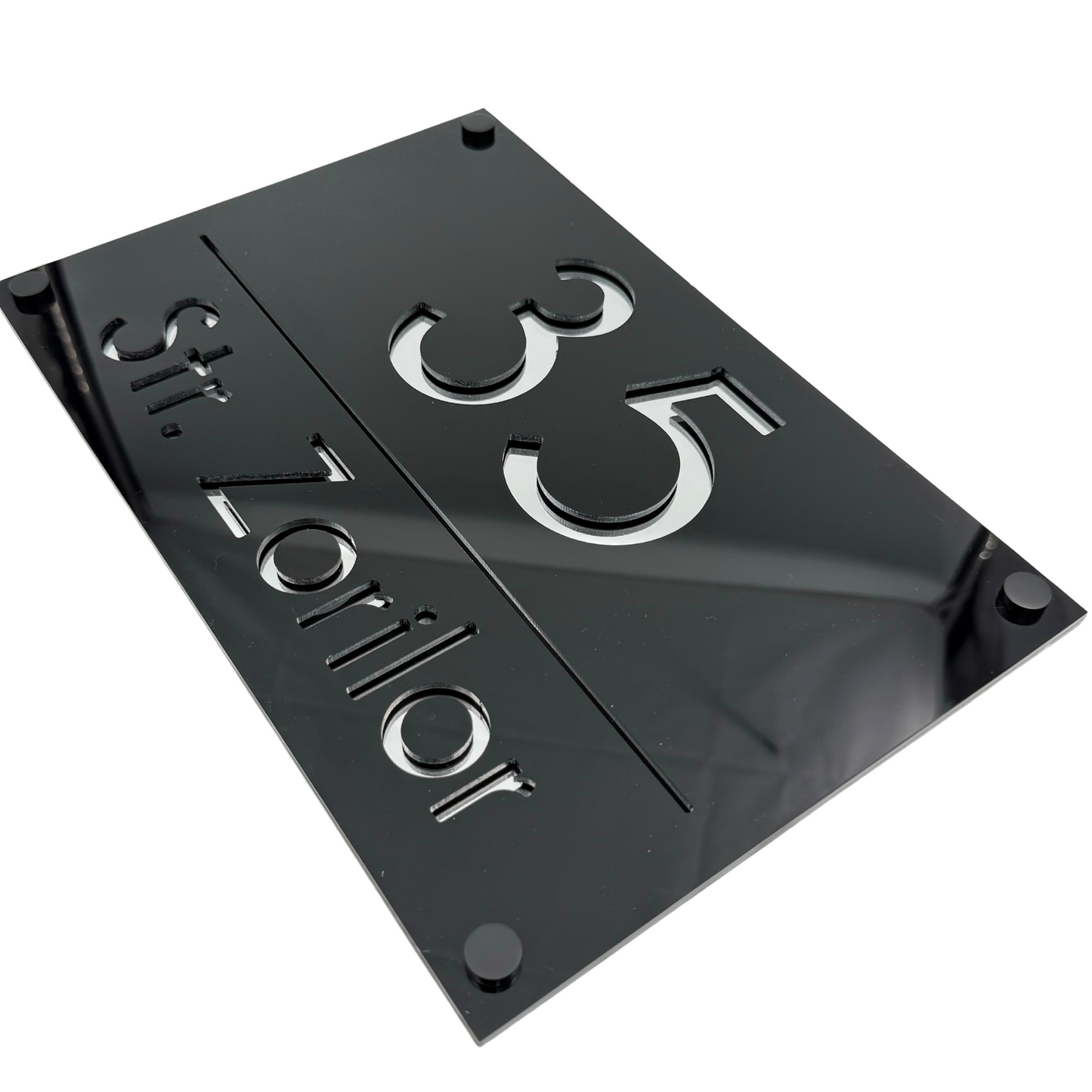 PREMIUM HOUSE NUMBER - Glossy Black Silver Mirror 4 Spacers NeGreyi - 30×20 cm