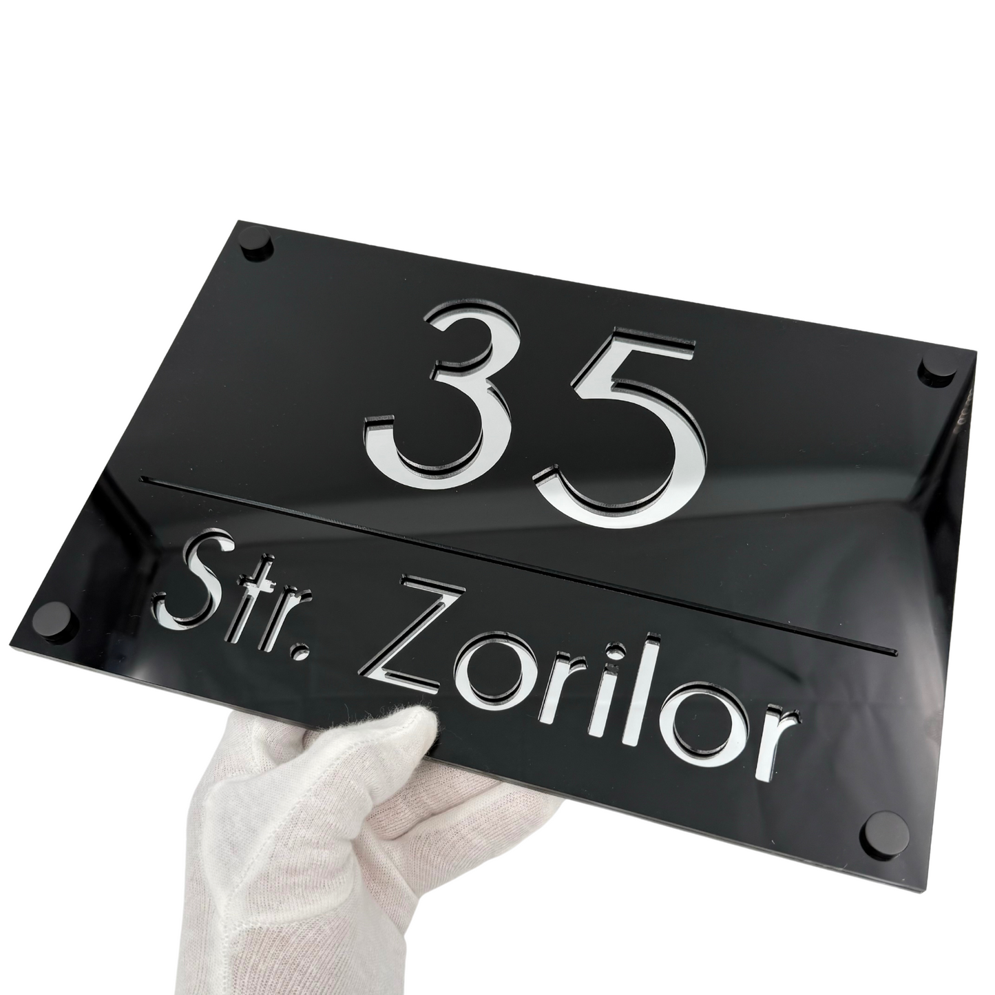 PREMIUM HOUSE NUMBER - Glossy Black Silver Mirror 4 Spacers NeGreyi - 30×20 cm