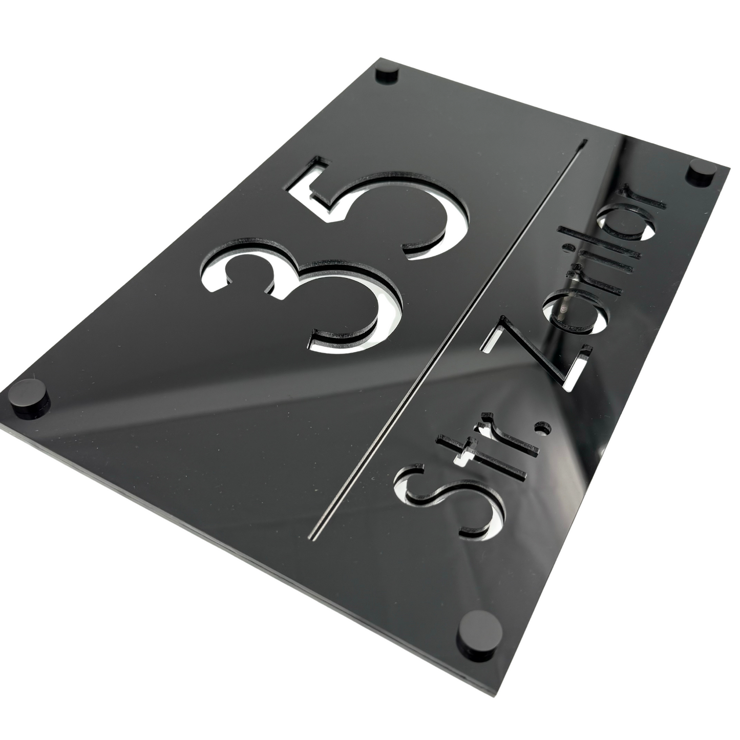 PREMIUM HOUSE NUMBER - Glossy Black Silver Mirror 4 Spacers NeGreyi - 30×20 cm