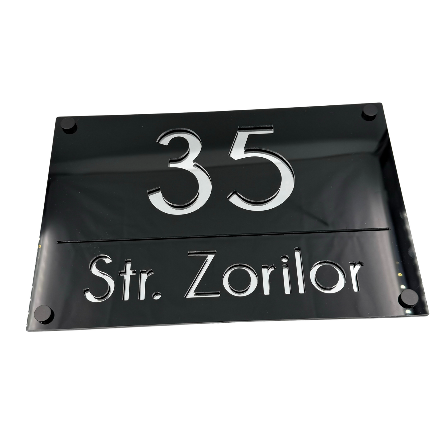 PREMIUM HOUSE NUMBER - Glossy Black Silver Mirror 4 Spacers NeGreyi - 30×20 cm