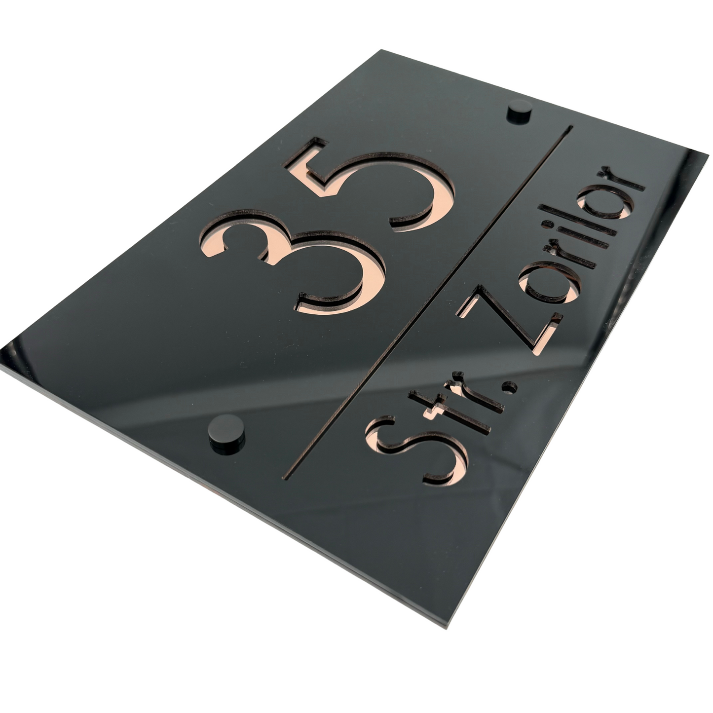 PREMIUM HOUSE NUMBER - Glossy Black Rose Gold Mirror 2 Spacers NeGreyi - 30×20 cm