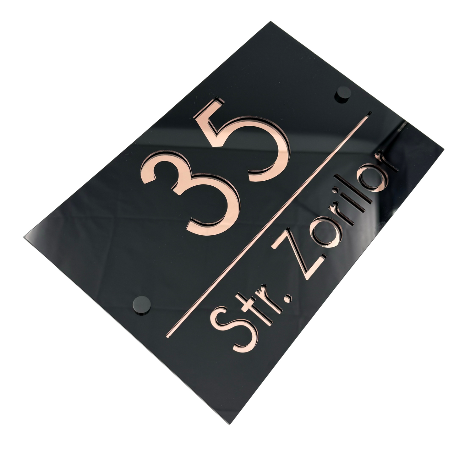 PREMIUM HOUSE NUMBER - Glossy Black Rose Gold Mirror 2 Spacers NeGreyi - 30×20 cm