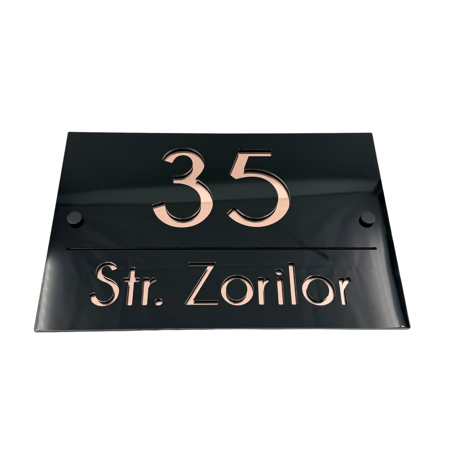 PREMIUM HOUSE NUMBER - Glossy Black Rose Gold Mirror 2 Spacers NeGreyi - 30×20 cm