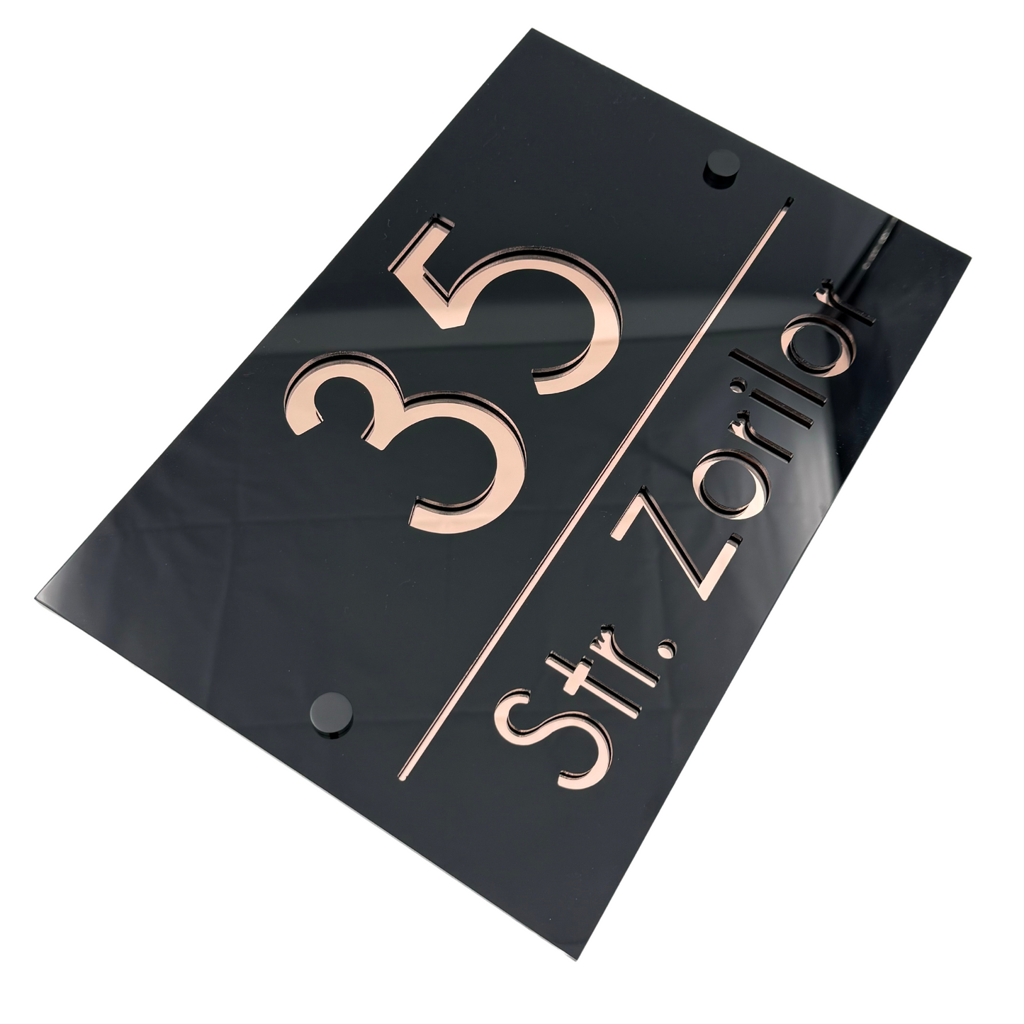PREMIUM HOUSE NUMBER - Glossy Black Rose Gold Mirror 2 Spacers NeGreyi - 30×20 cm