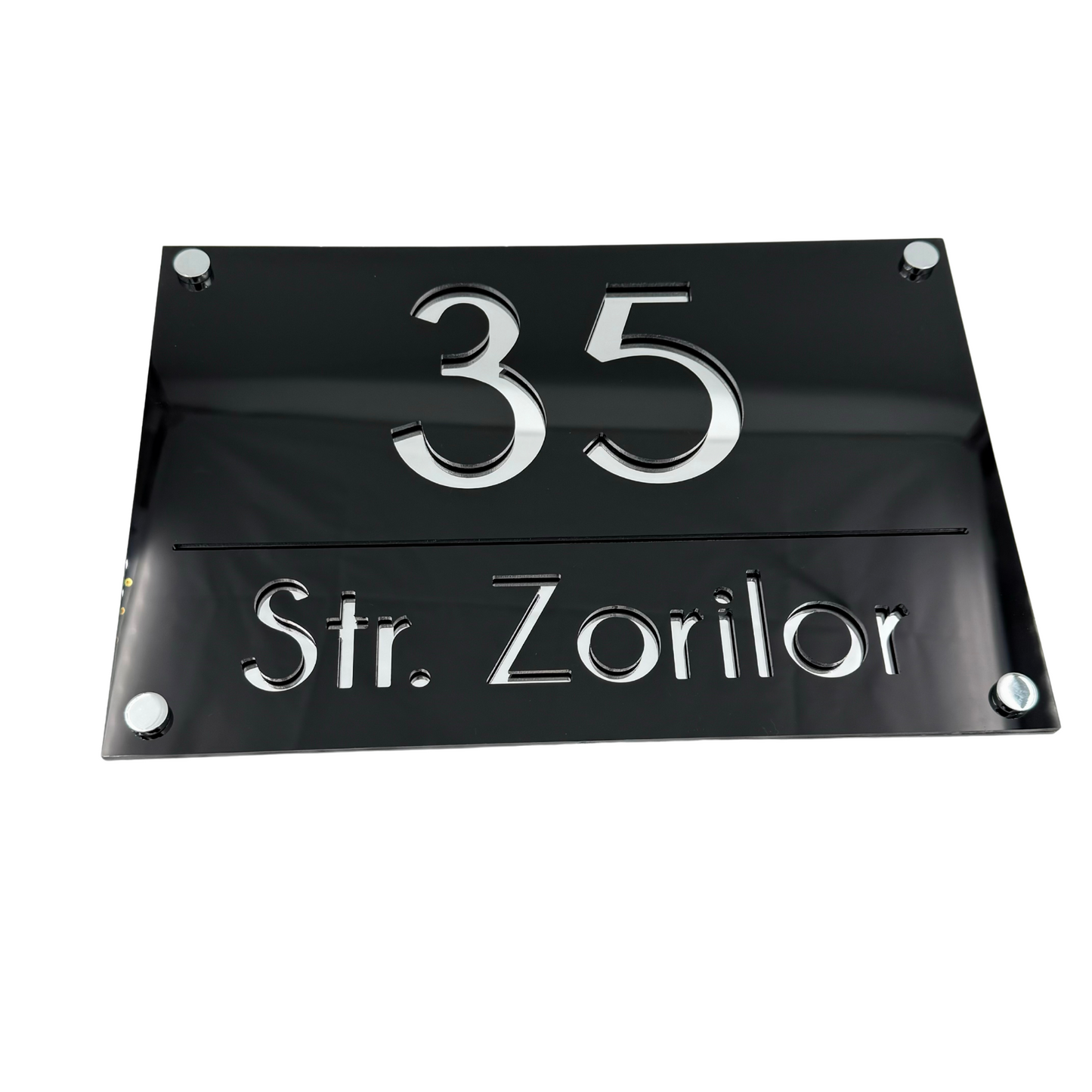 PREMIUM HOUSE NUMBER - Glossy Black Silver Mirror 4 Spacers Silver - 30×20 cm