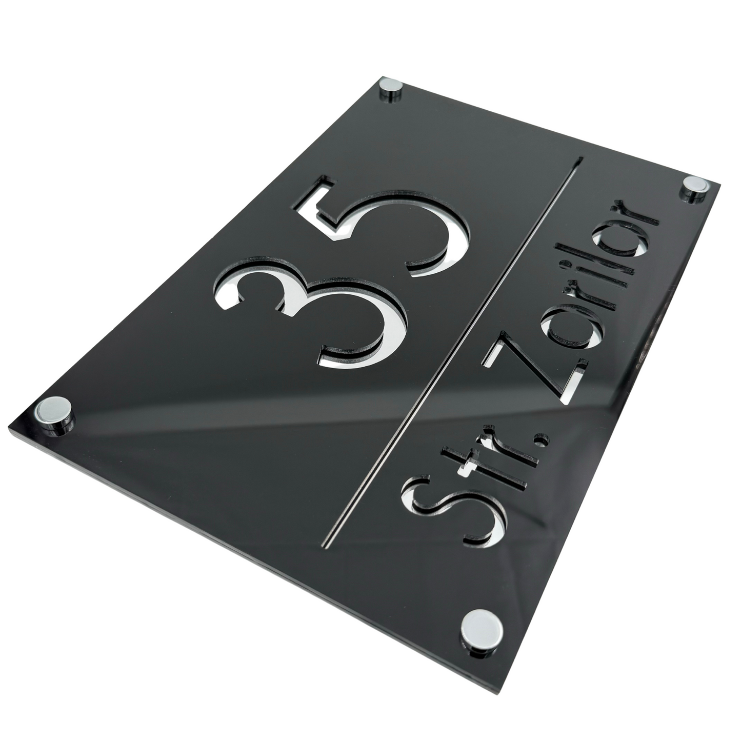 PREMIUM HOUSE NUMBER - Glossy Black Silver Mirror 4 Spacers Silver - 30×20 cm