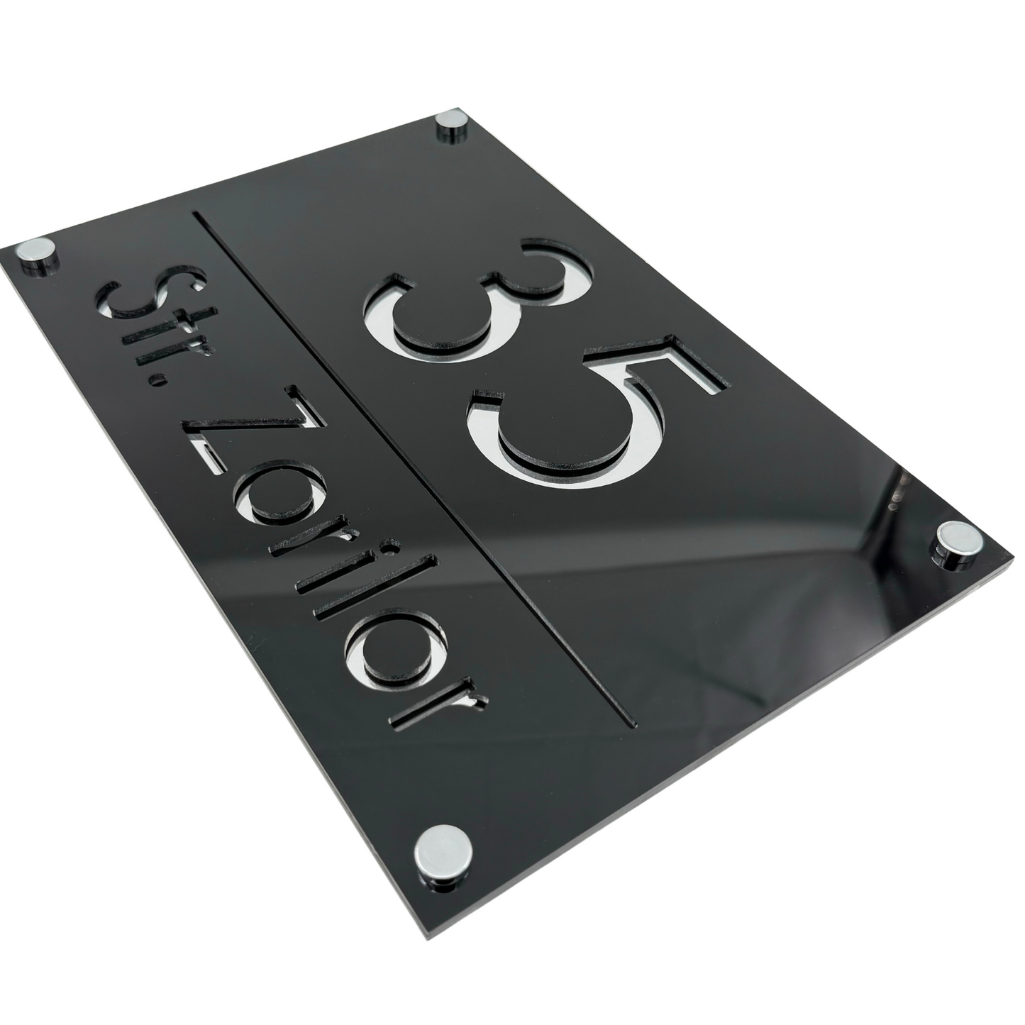 PREMIUM HOUSE NUMBER - Glossy Black Silver Mirror 4 Spacers Silver - 30×20 cm