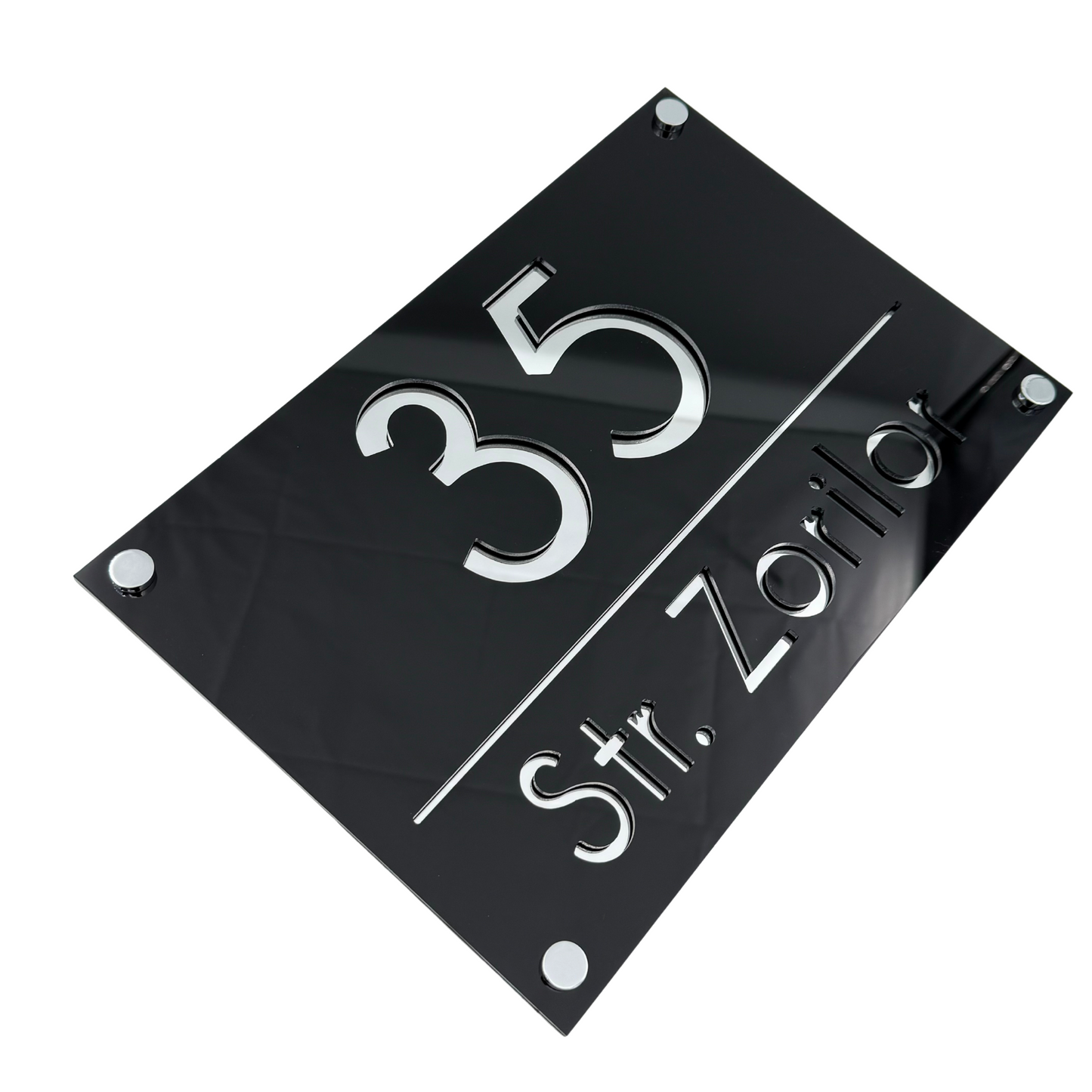 PREMIUM HOUSE NUMBER - Glossy Black Silver Mirror 4 Spacers Silver - 30×20 cm