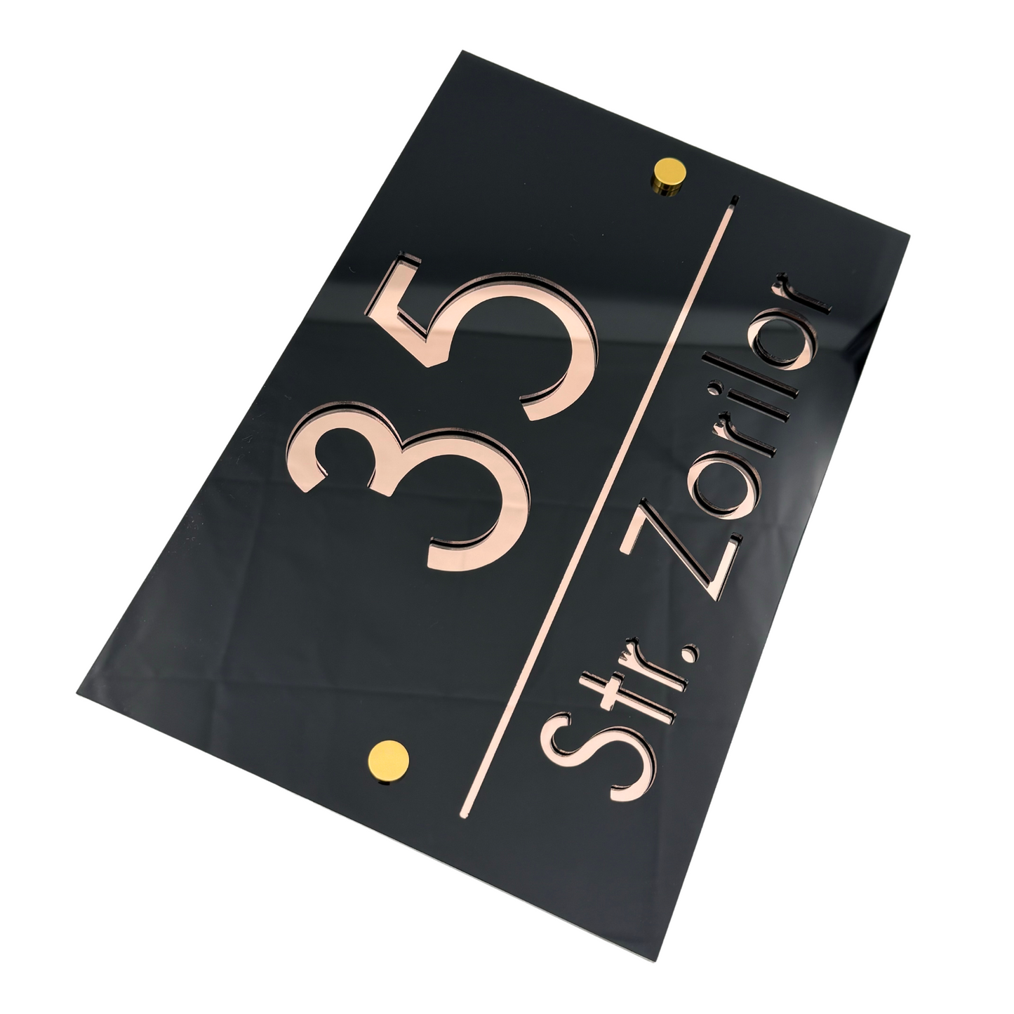 PREMIUM HOUSE NUMBER - Glossy Black Rose Gold Mirror 2 Spacers Gold - 30×20 cm