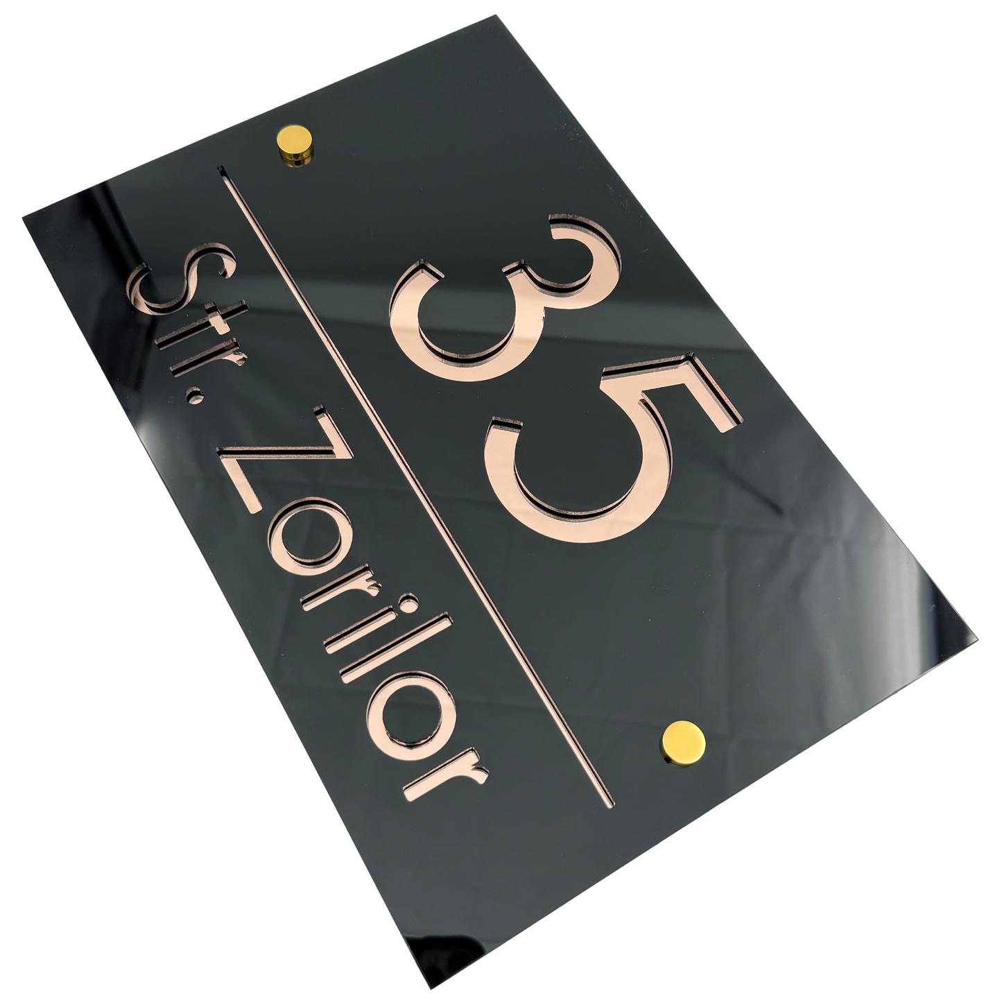 PREMIUM HOUSE NUMBER - Glossy Black Rose Gold Mirror 2 Spacers Gold - 30×20 cm