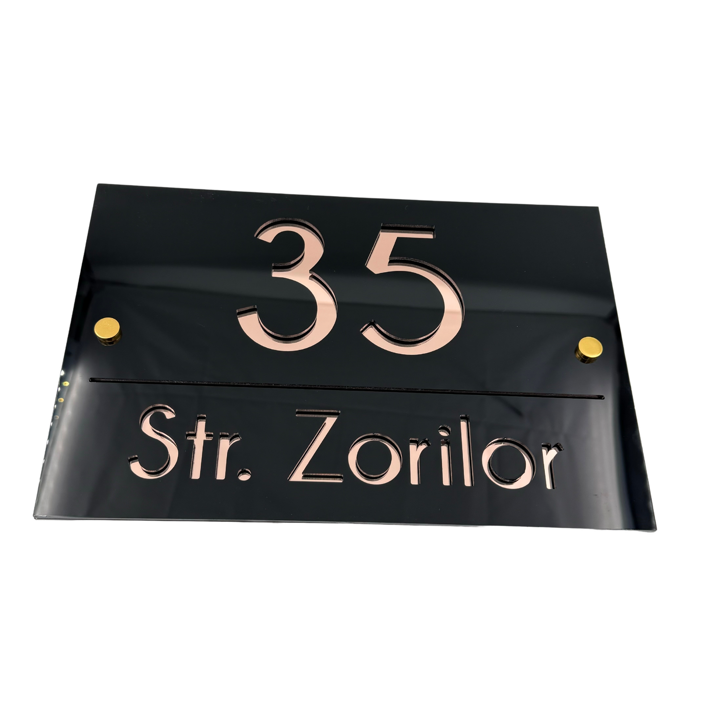 PREMIUM HOUSE NUMBER - Glossy Black Rose Gold Mirror 2 Spacers Gold - 30×20 cm