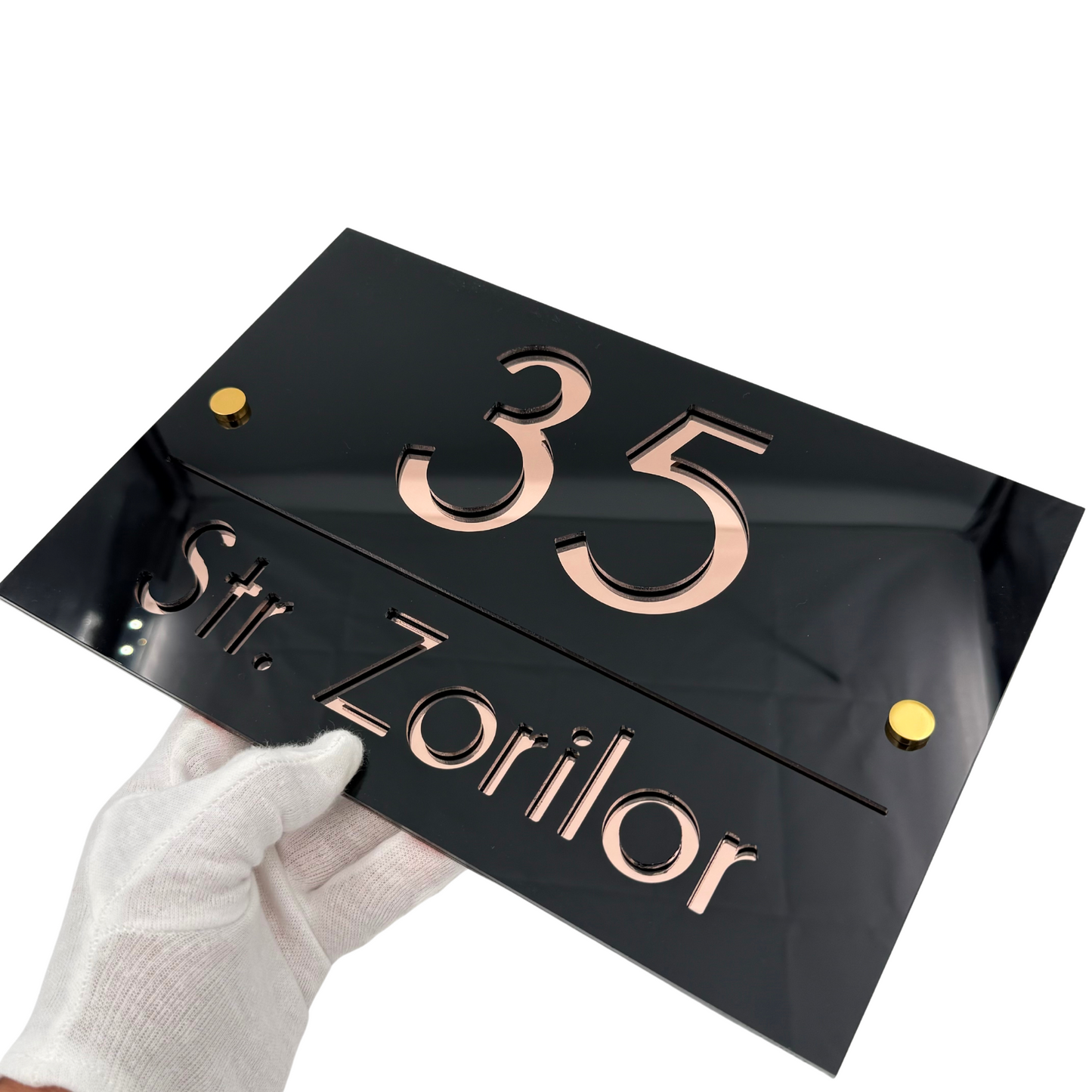 PREMIUM HOUSE NUMBER - Glossy Black Rose Gold Mirror 2 Spacers Gold - 30×20 cm