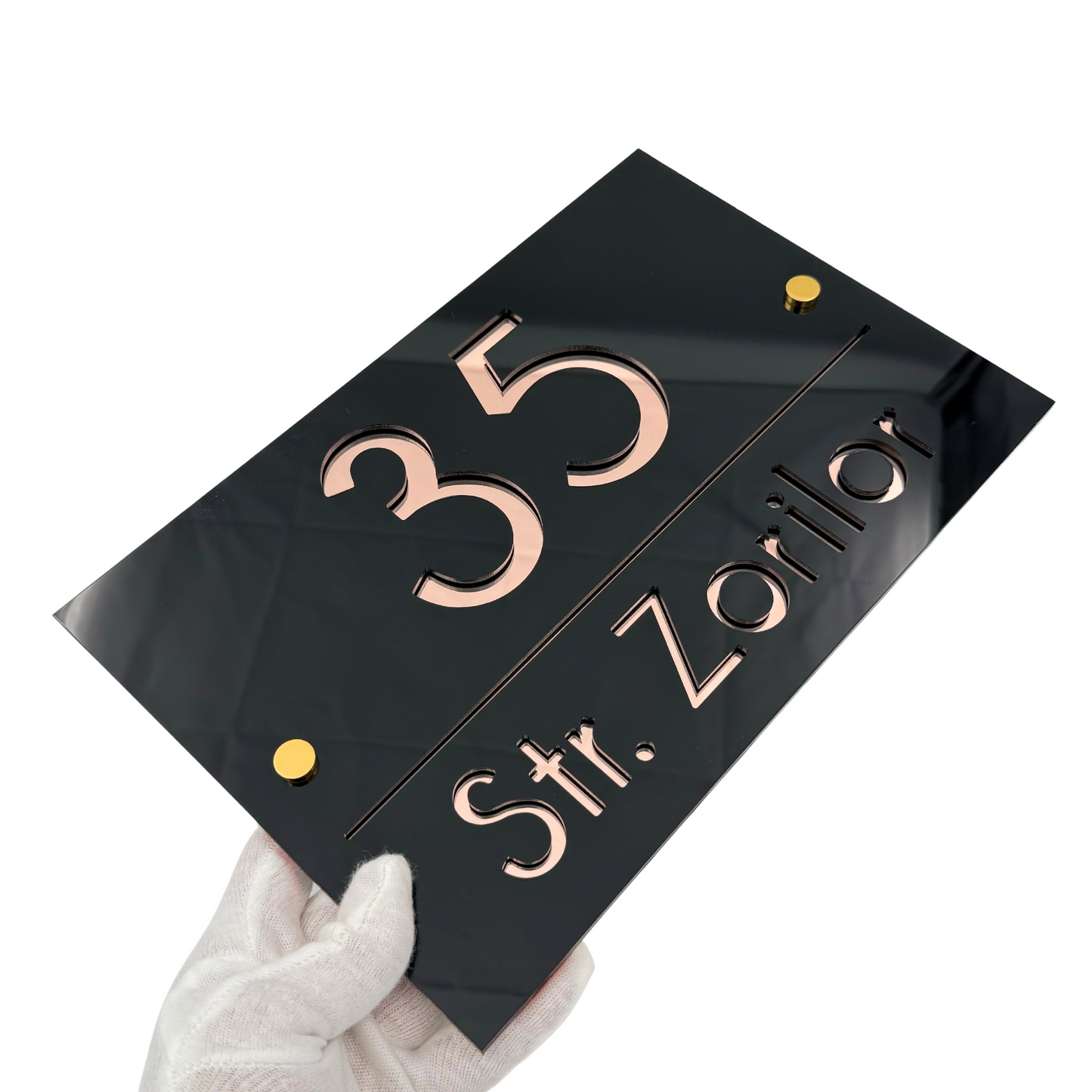 PREMIUM HOUSE NUMBER - Glossy Black Rose Gold Mirror 2 Spacers Gold - 30×20 cm